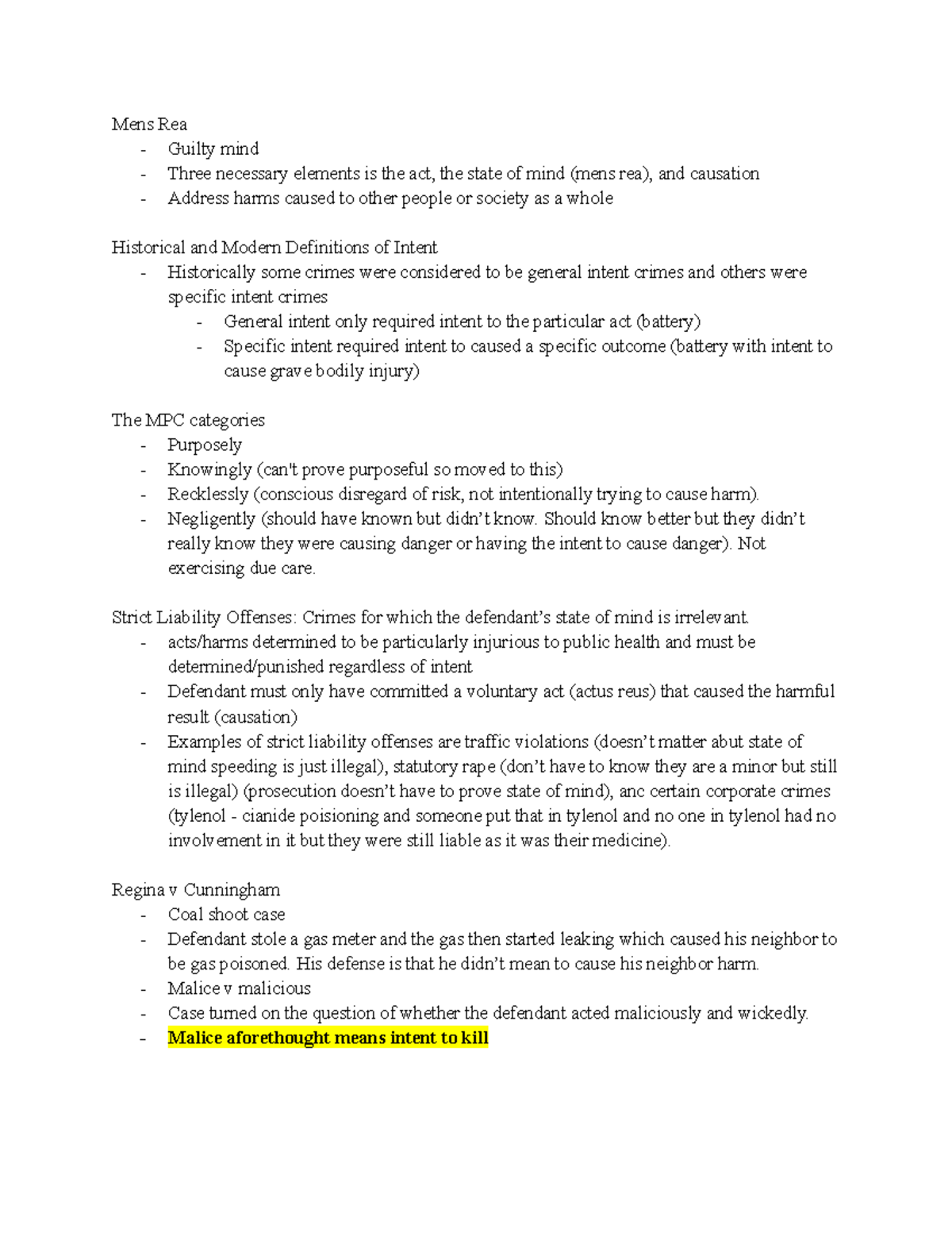 Notes Mens Rea - Mens Rea - Guilty mind - Three necessary elements is ...