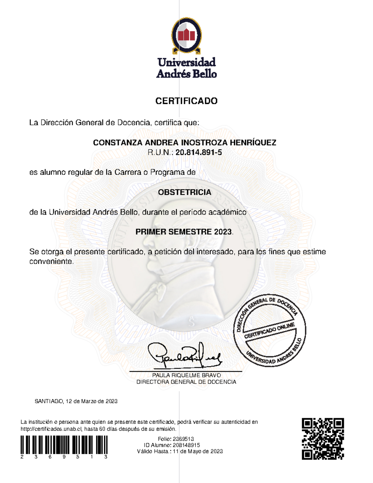 Unab2081489152369513 CERTIFICADO La institución o persona ante quien se presente este Studocu