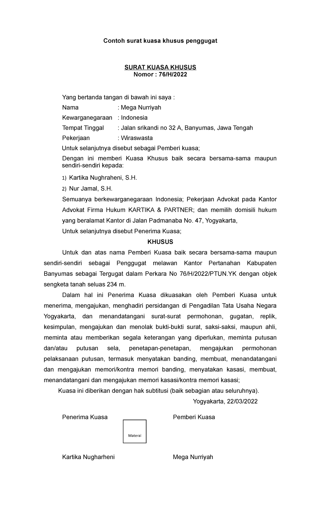 Surat Kuasa Khusus Penggugat - Contoh Surat Kuasa Khusus Penggugat ...