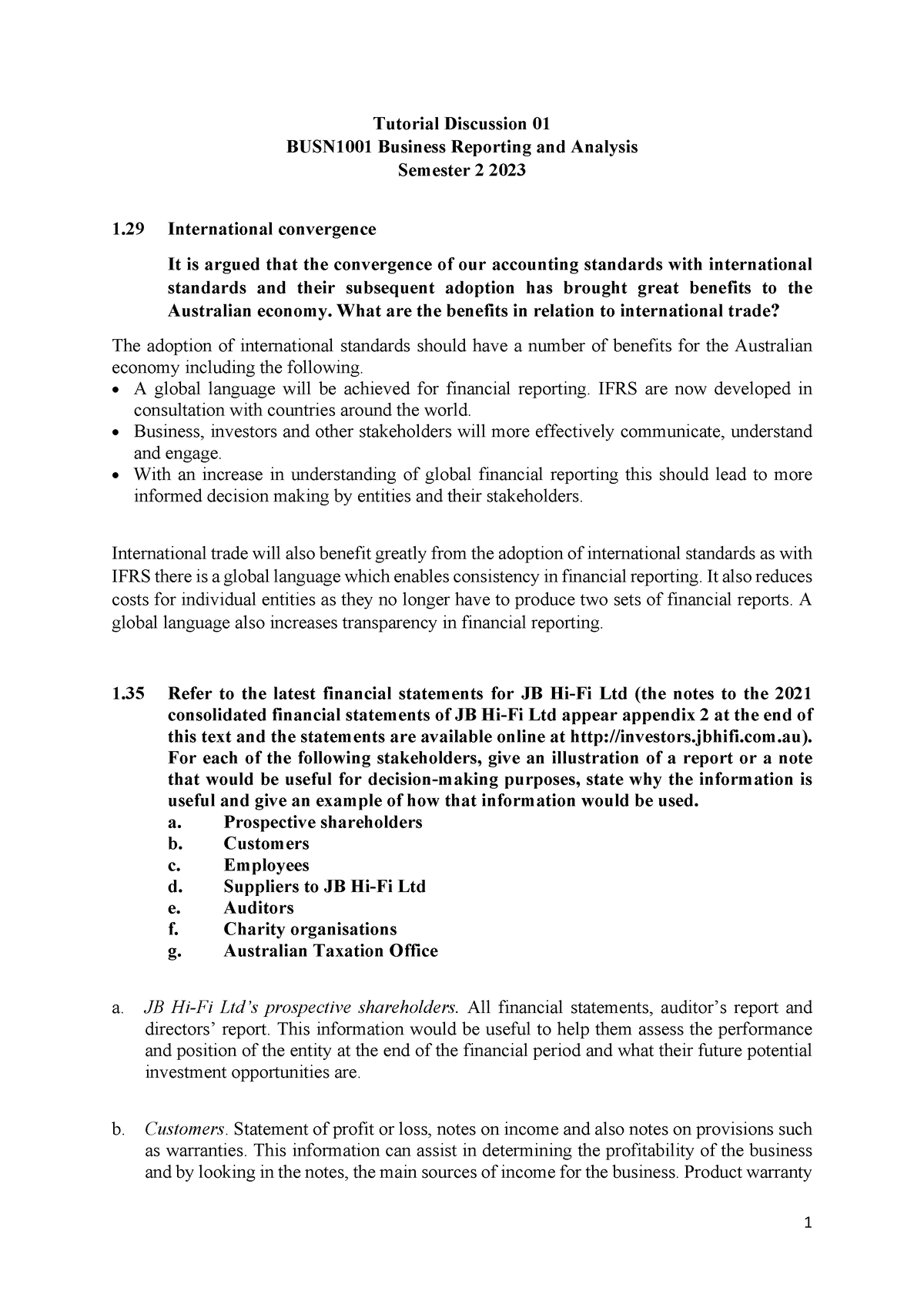 Tutorial Discussion 01 Solutions - 1 Tutorial Discussion 01 BUSN1001 ...