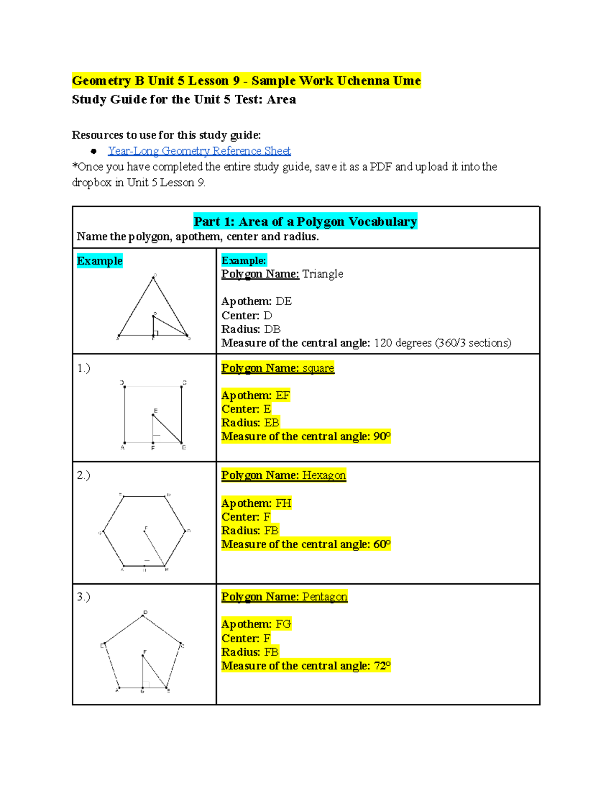 U5 Sample Work - Geometry B Area Test Review - Geometry B Unit 5 Lesson ...