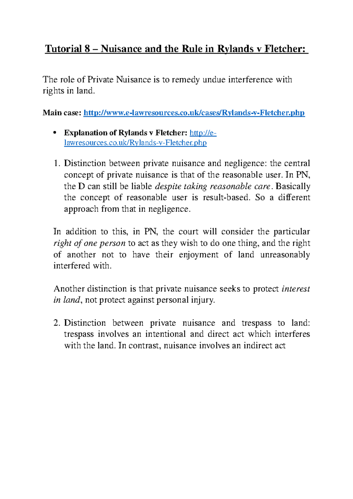 Tort– Nuisance and the Rule in Rylands v Fletcher Seminar - Tutorial 8 ...