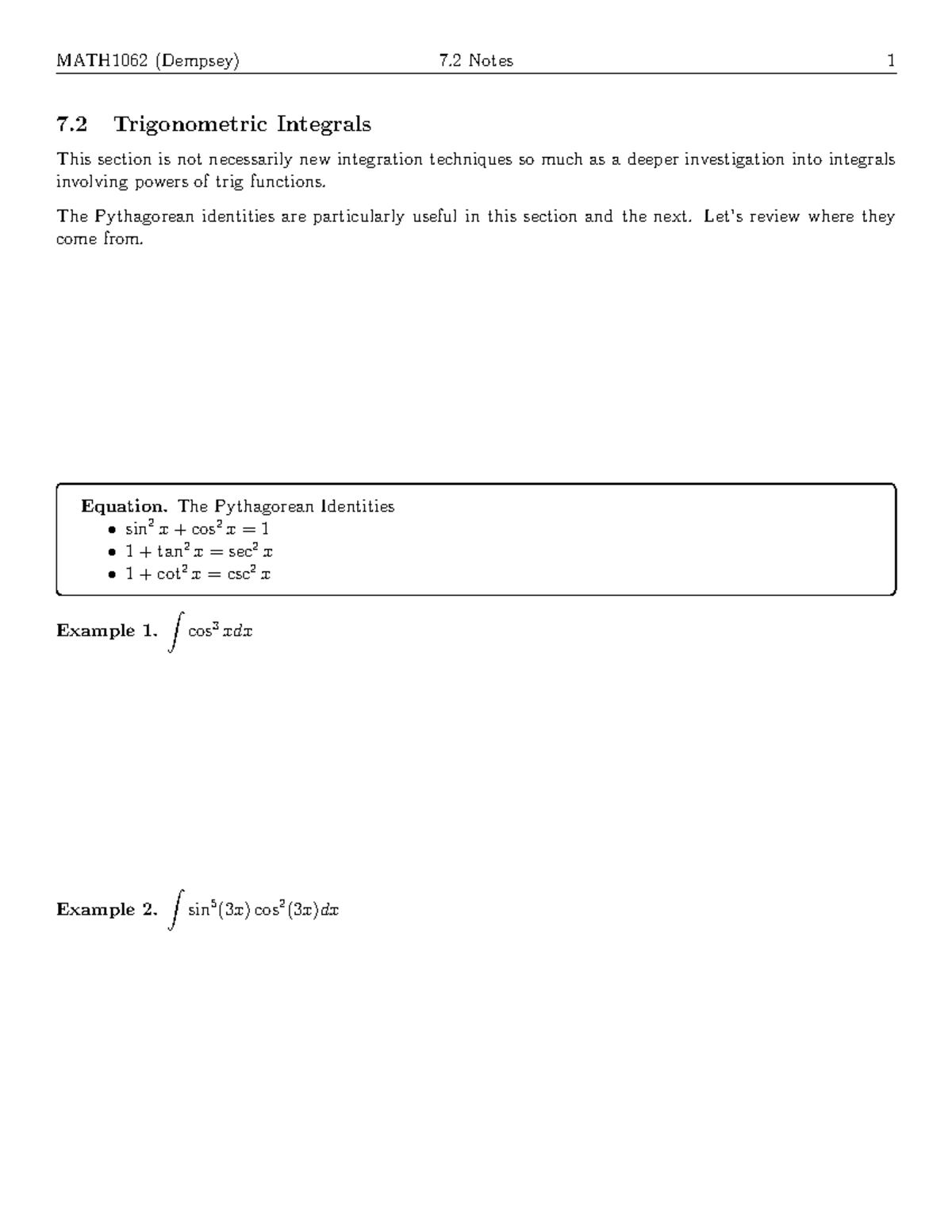 7.2 - Trigonometric Integrals - 7 Trigonometric Integrals This section ...
