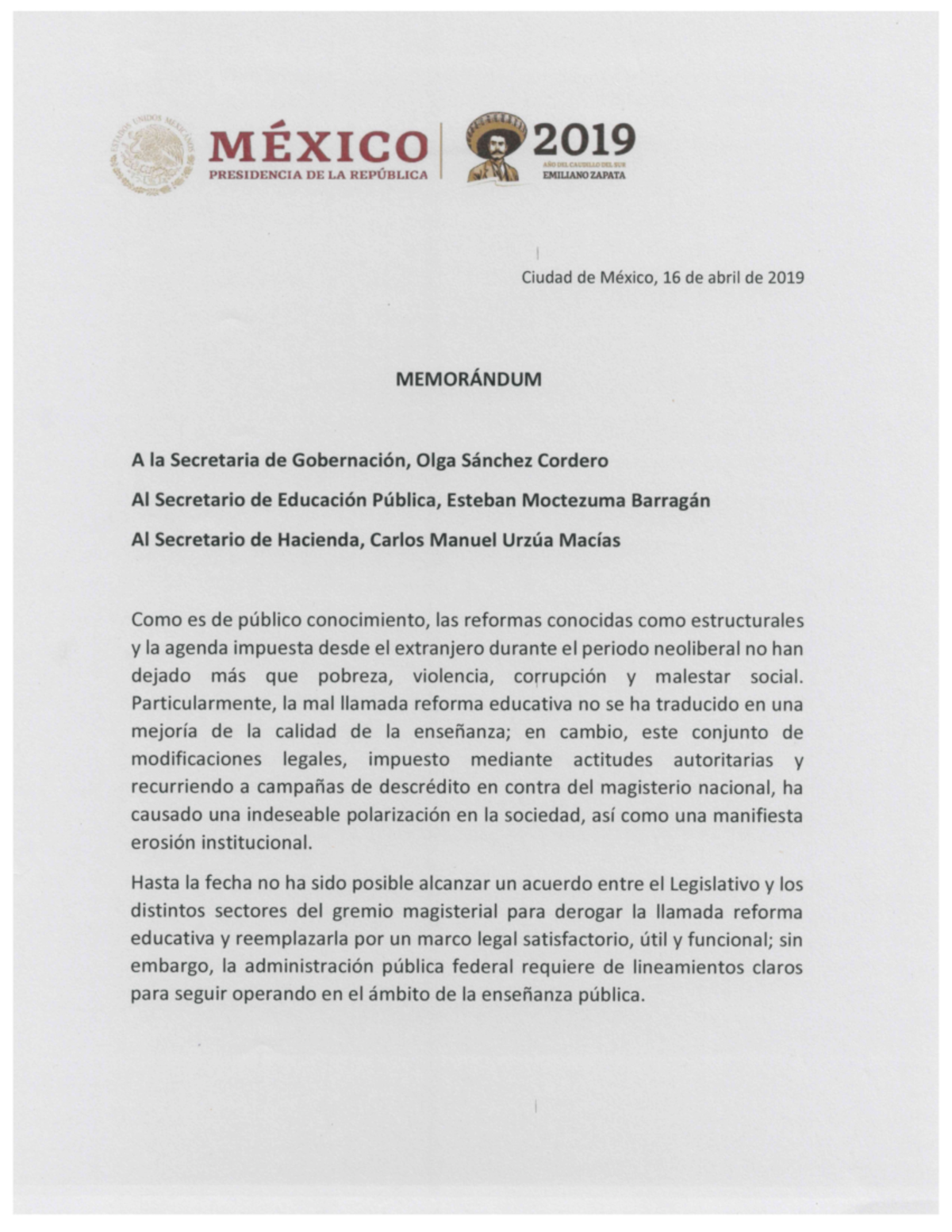 Memorándum 16 abril 2019 Segob SEP SHCP - derecho civil - Studocu