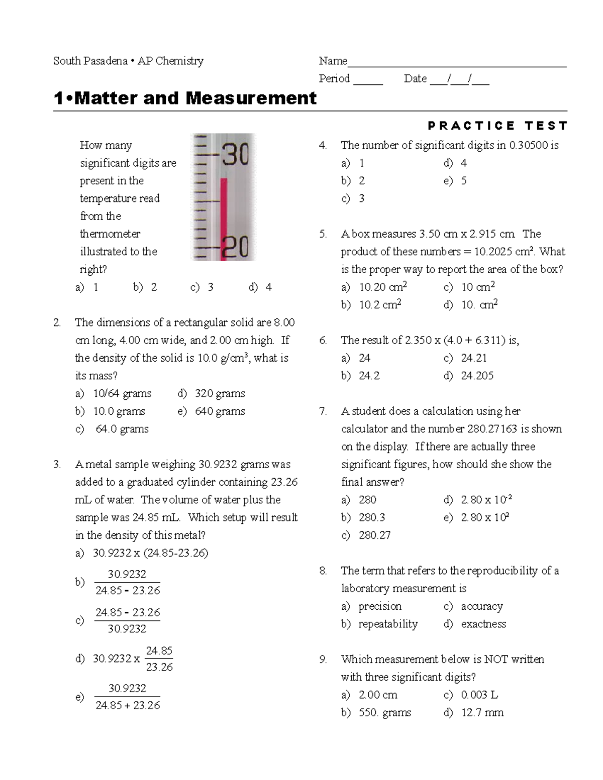 Apch01 practest 07 - South Pasadena • AP Chemistry Name