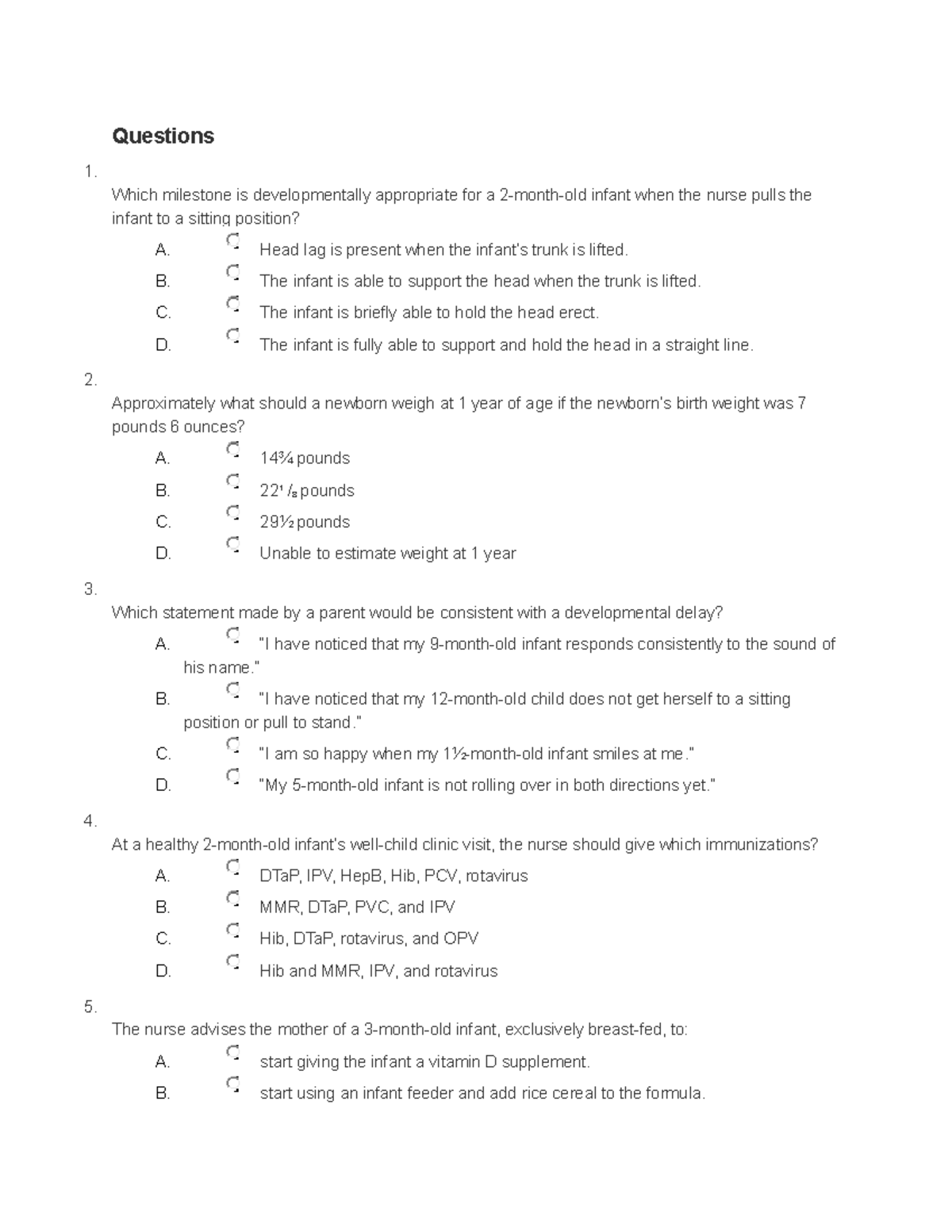 Infant practice questions - Questions 1. Which milestone is ...