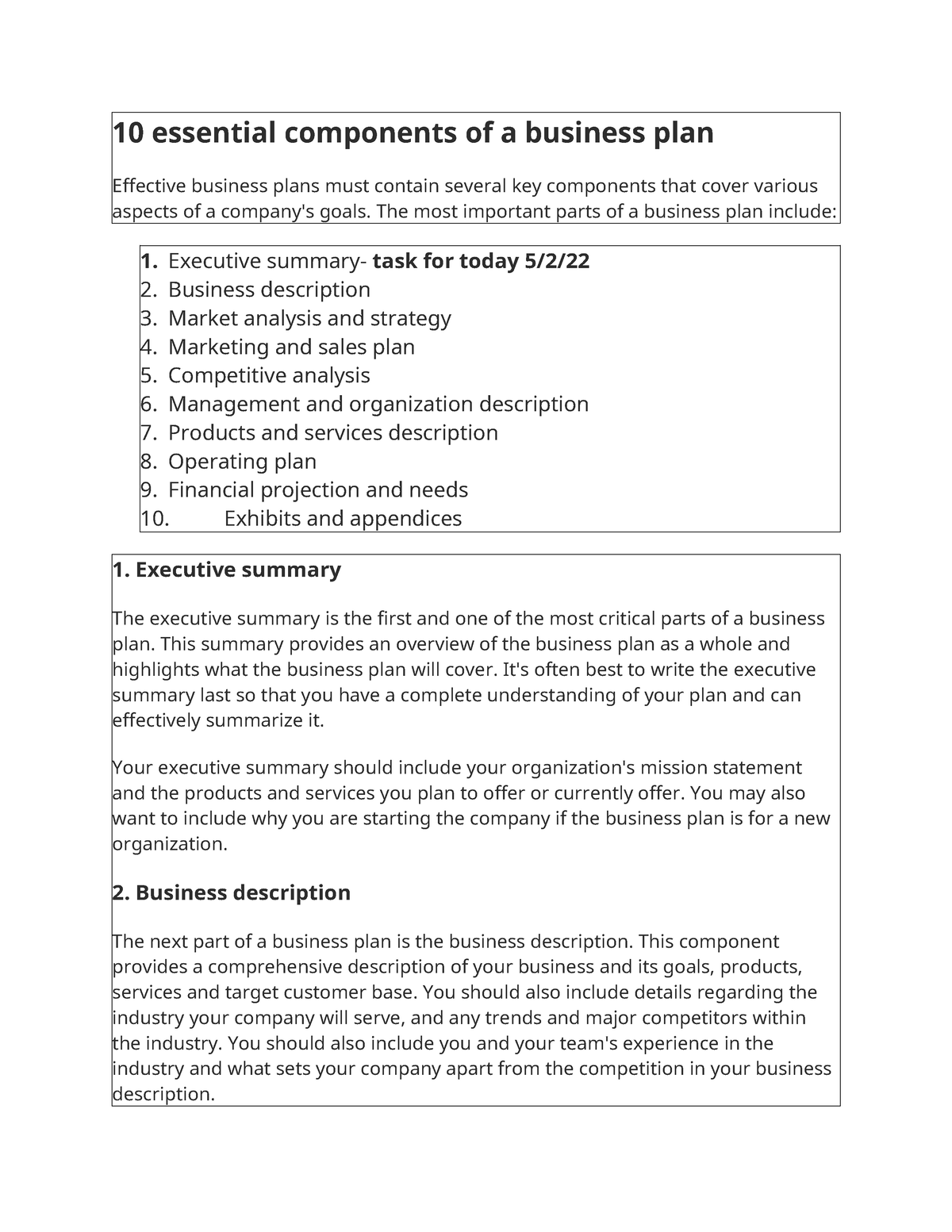 components of a business plan grade 10