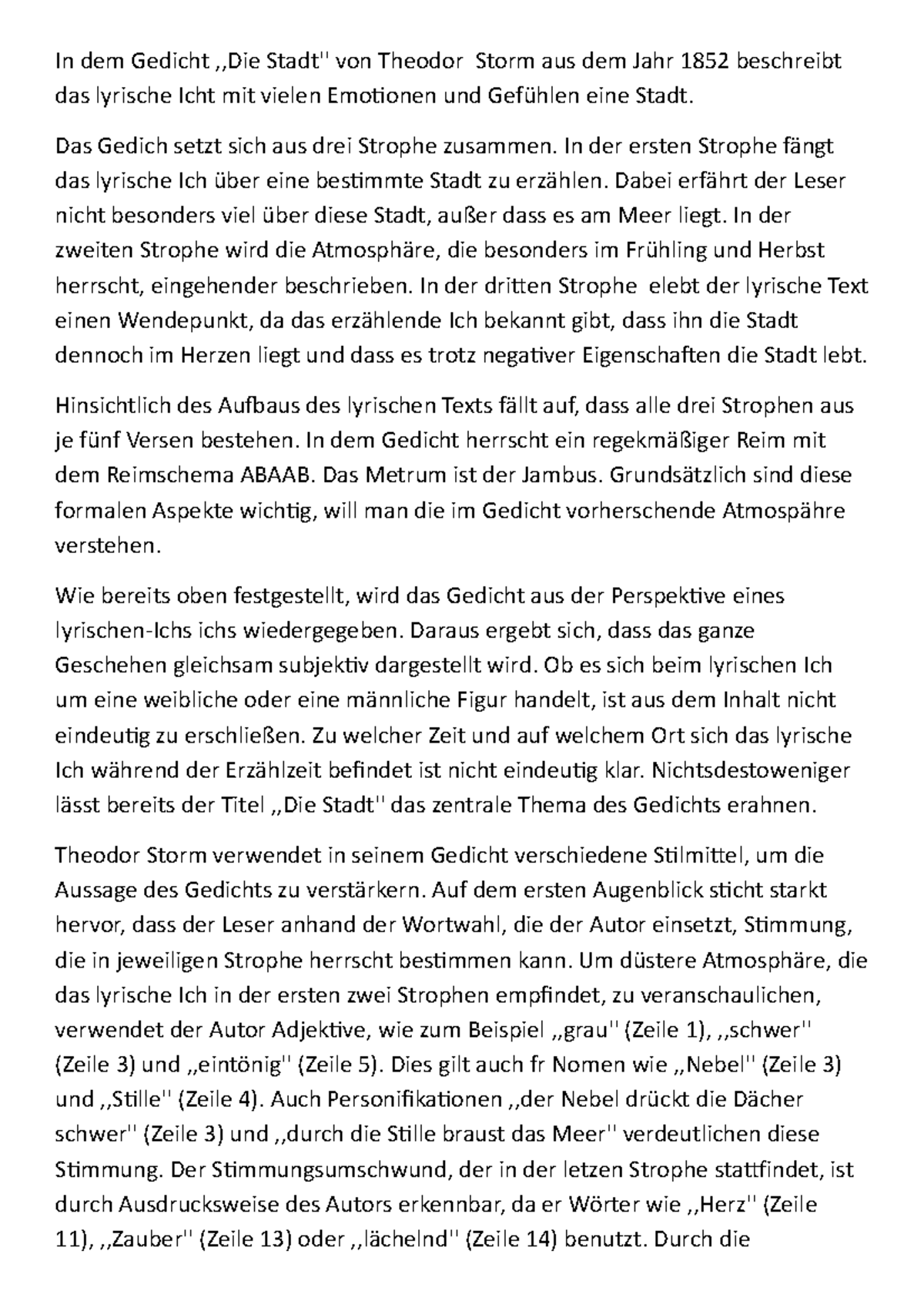 Wie Schreibt Man Eine Gedichtsinterpretation Analyse 4 - In dem Gedicht ,,Die Stadt'' von Theodor Storm aus dem Jahr