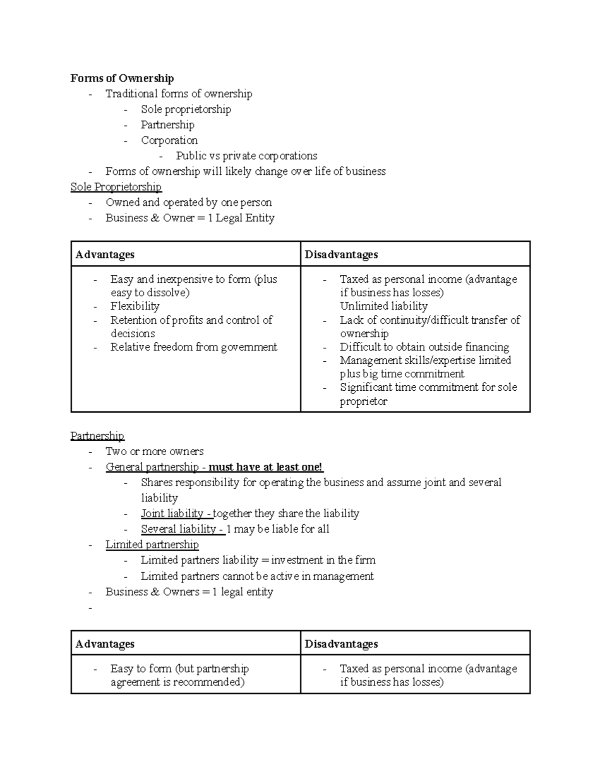 ENTR100 Lecture 8 Forms of Ownership Traditional forms of ownership