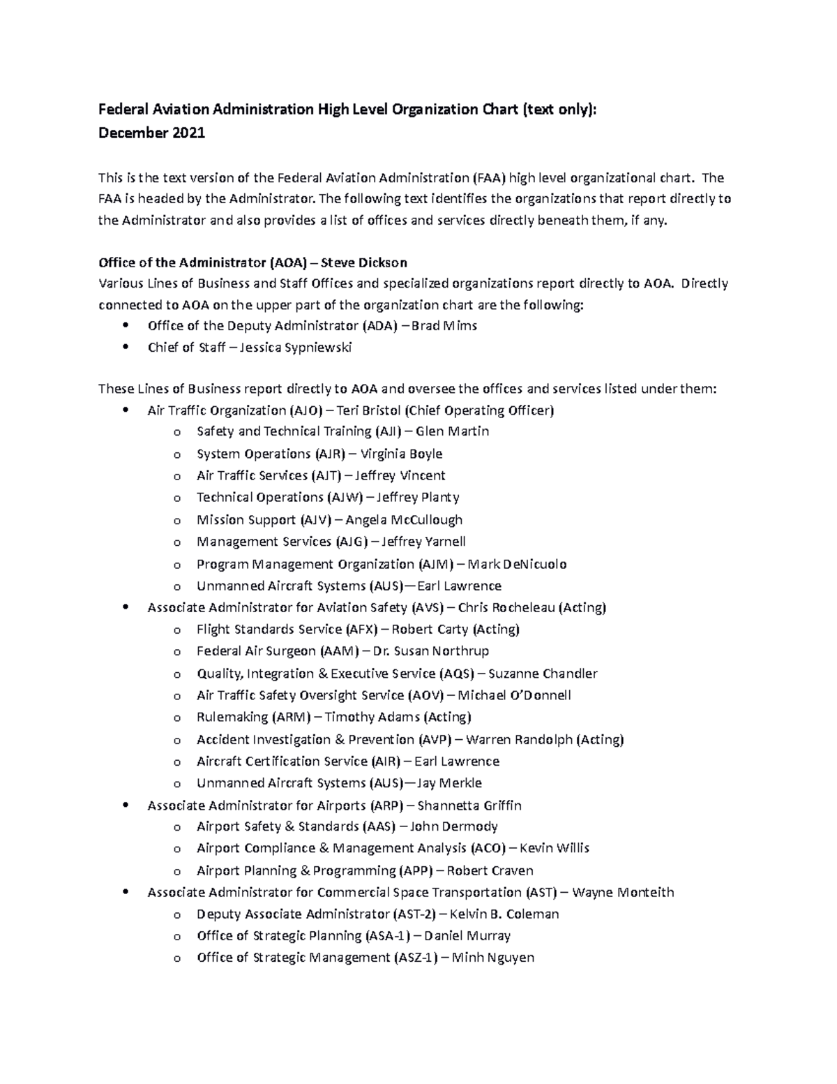 FAA High Level Org Chart - Federal Aviation Administration High Level ...