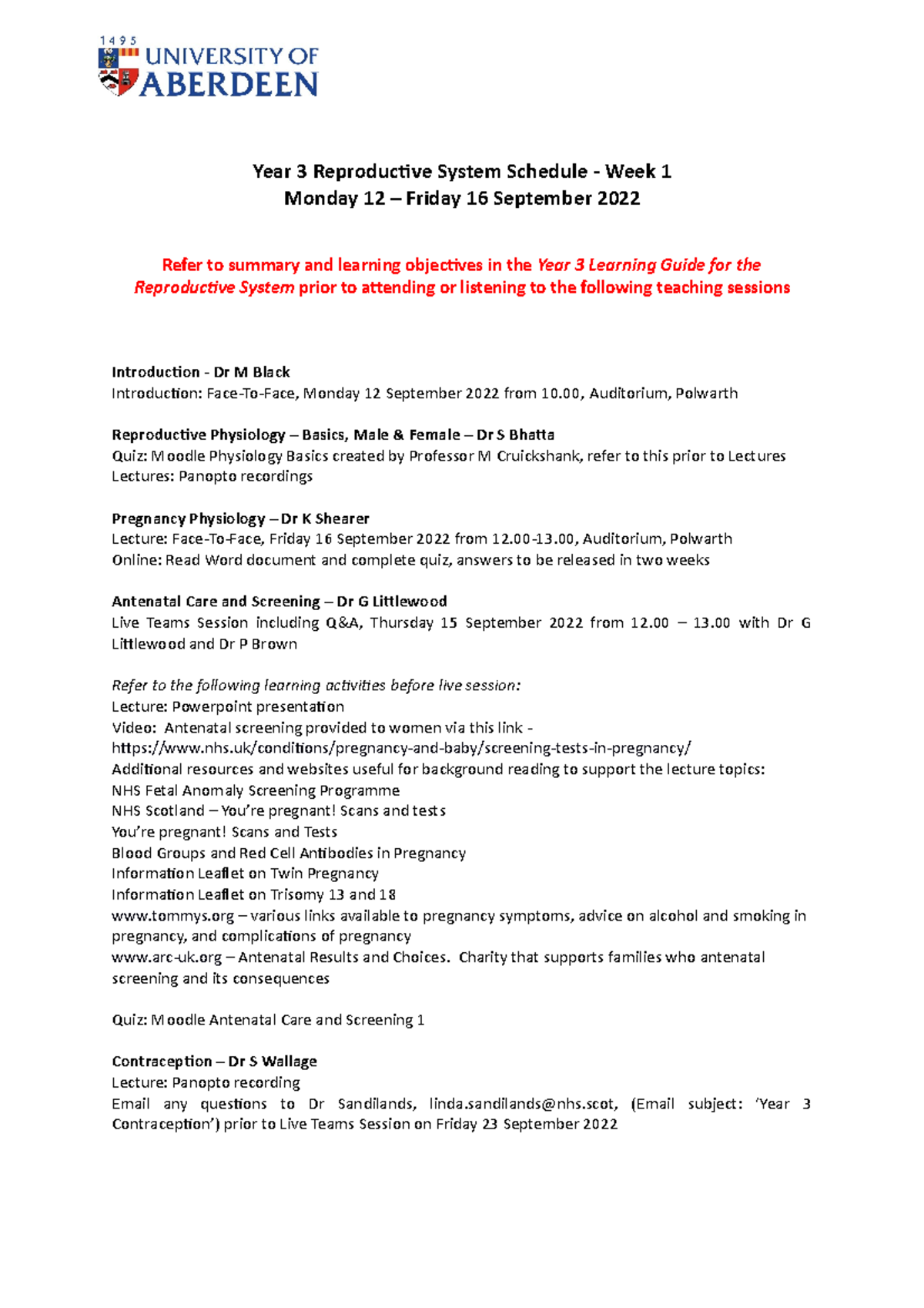 Year 3 Repro System Schedule Week 1 - Year 3 Reproductive System ...