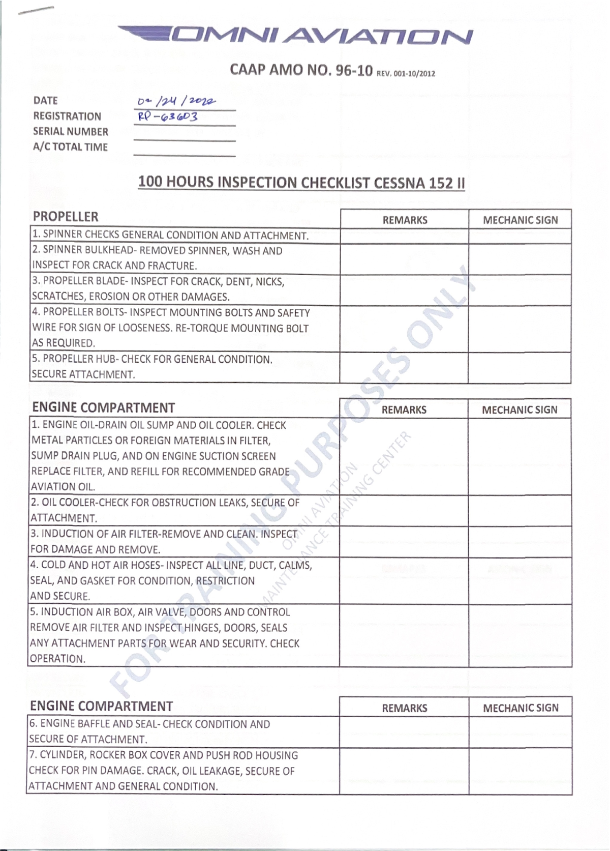 100 Hours Inspection Checklist Cessna 152 II - Aviation Safety - Studocu