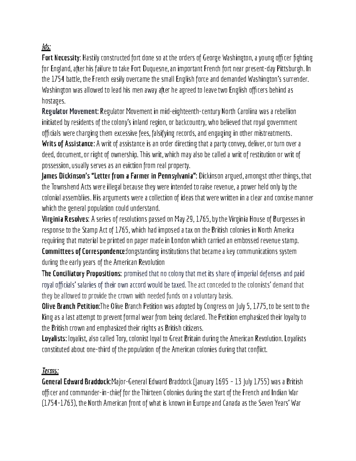 Terms And Ids Unit 3 Google Docs Ids Fort Necessity Hastily