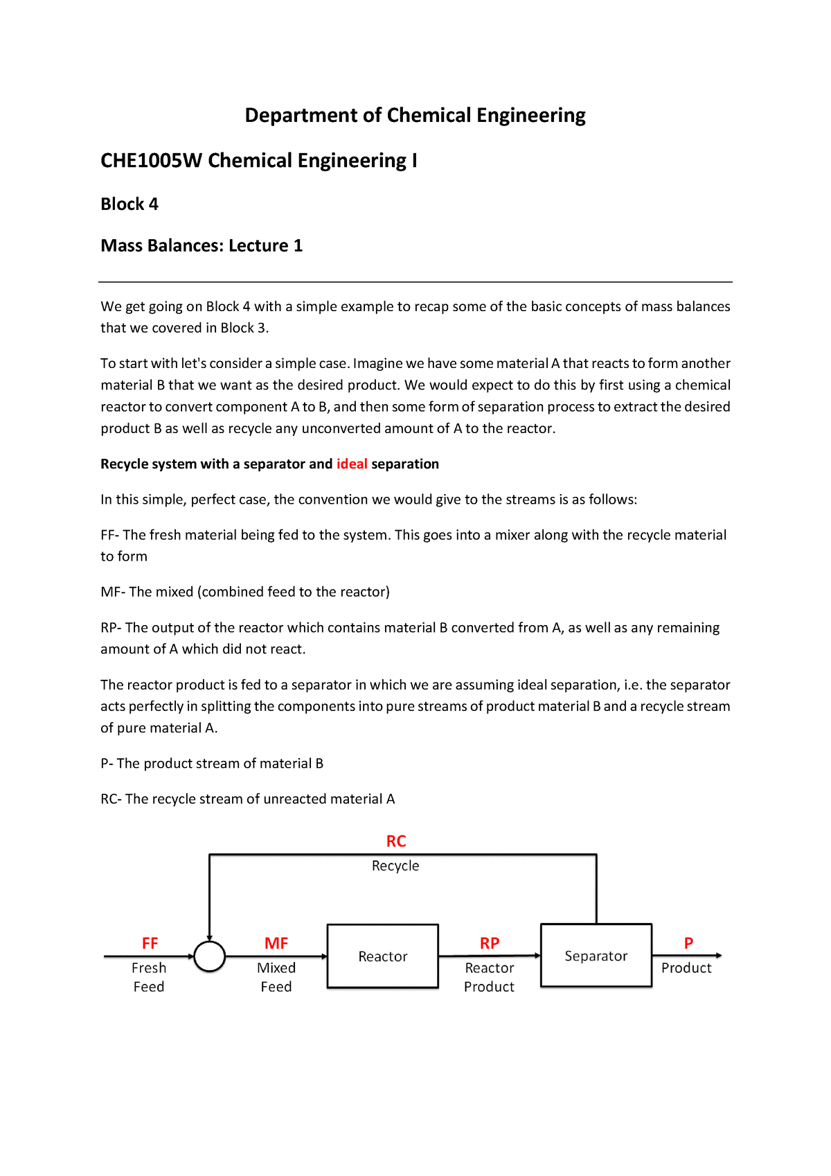 MB+L1 - Lecture - Department Of Chemical Engineering CHE1005W Chemical ...