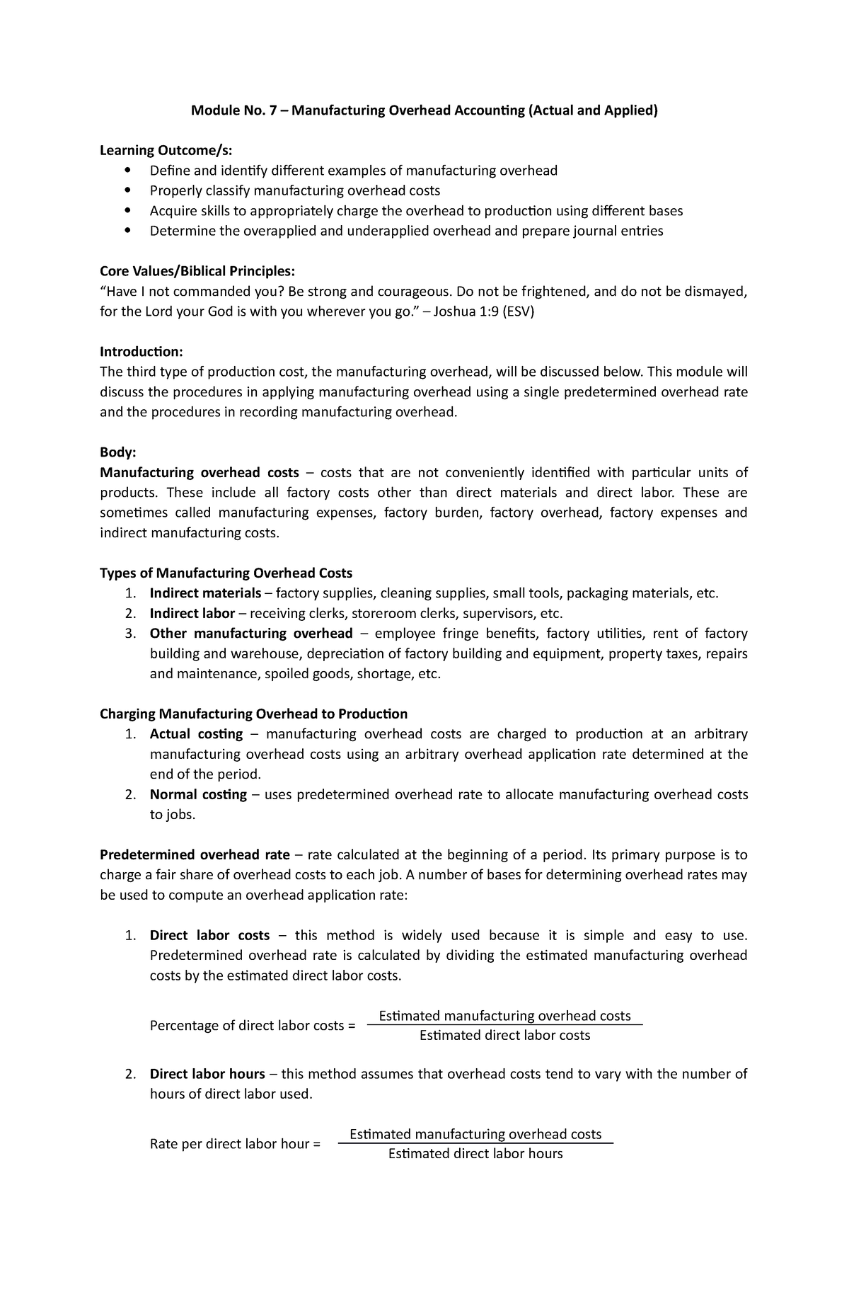 Module No 7 - Manufacturing Overhead Accounting - Module No. 7 ...