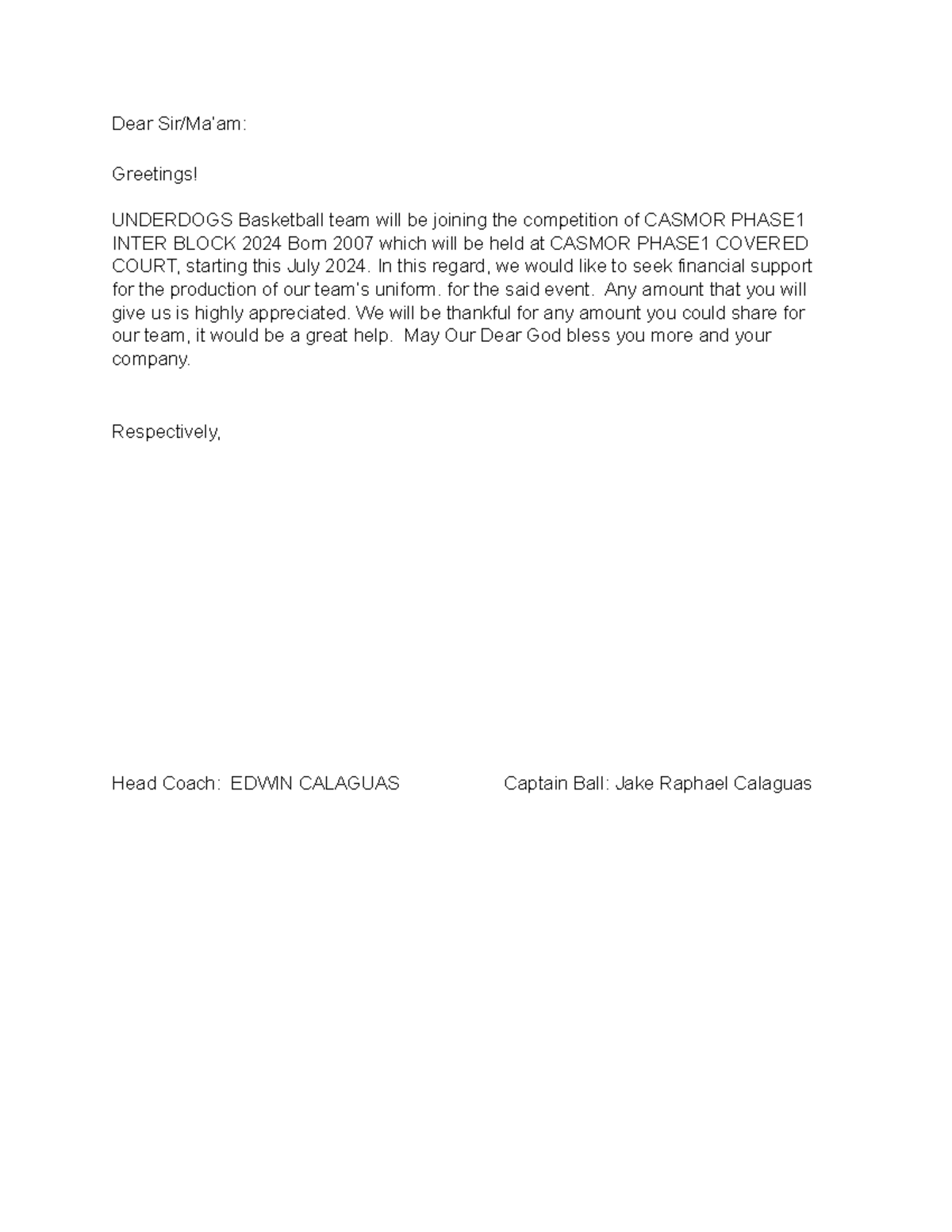 Solicitation- Letter- Casmor TEAM - Dear Sir/Ma’am: Greetings ...