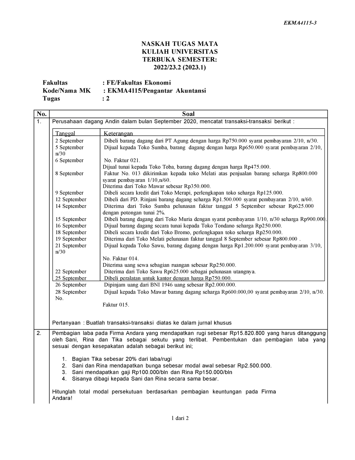 Pengantar Akutansi TMK 2 - 1 Dari 2 EKMA4115- NASKAH TUGAS MATA KULIAH ...