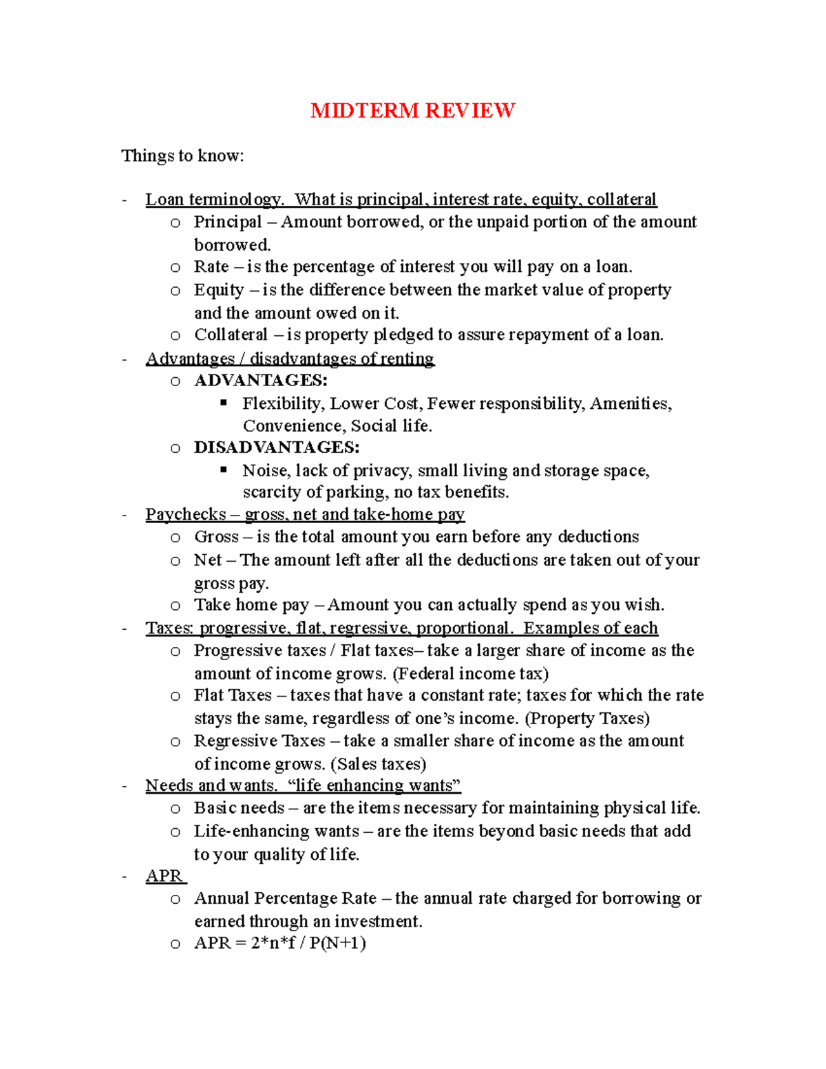 Mid-term study - It covers finance - MIDTERM REVIEW Things to know ...