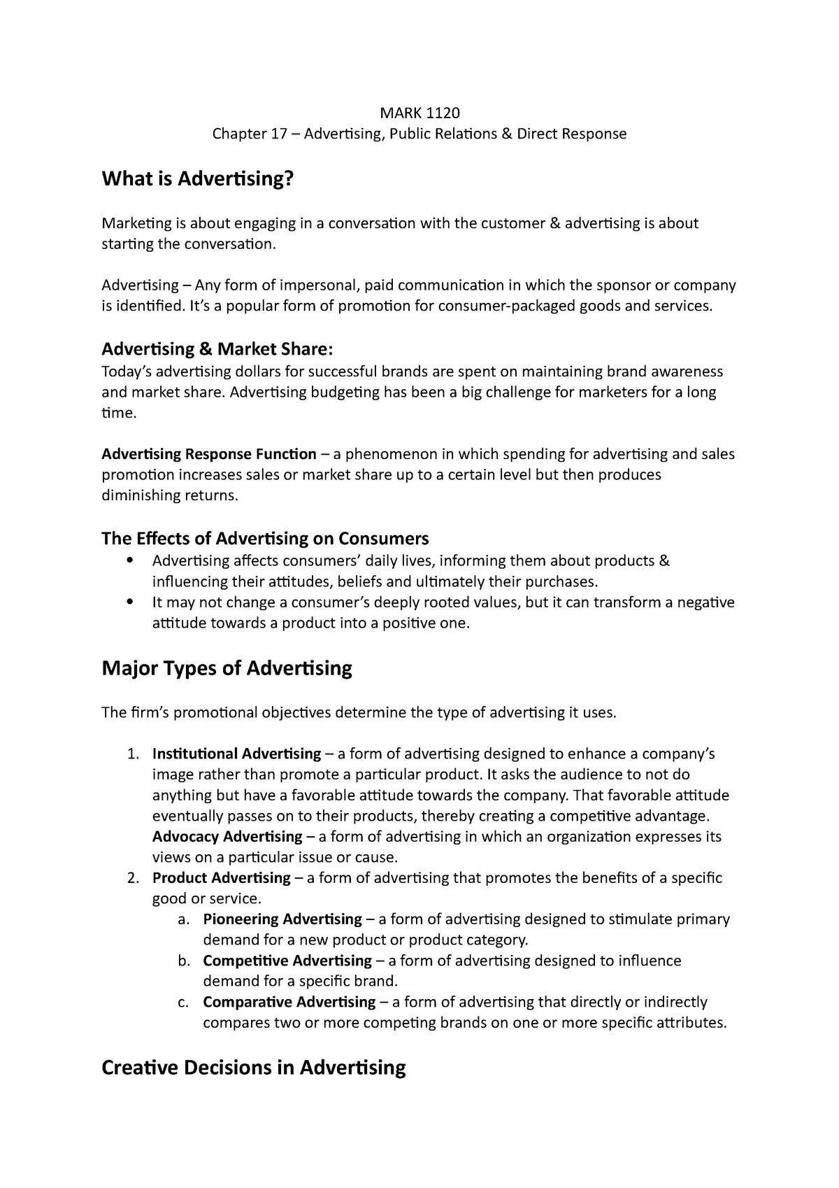 MARK Chapter 17 Notes - MARK 1120 Chapter 17 – Advertising, Public ...