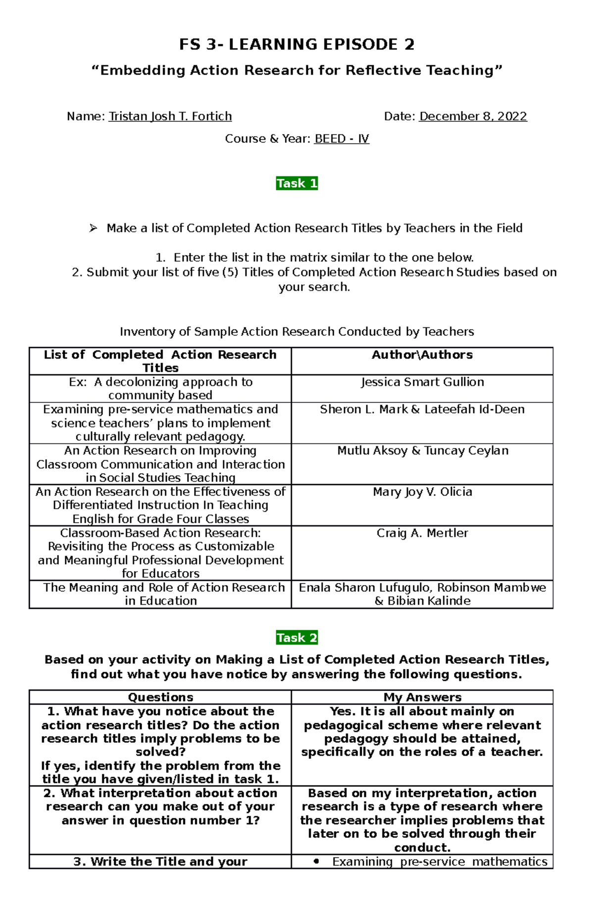 Episode 2 FS 3 - field studies in education - FS 3- LEARNING EPISODE 2 ...