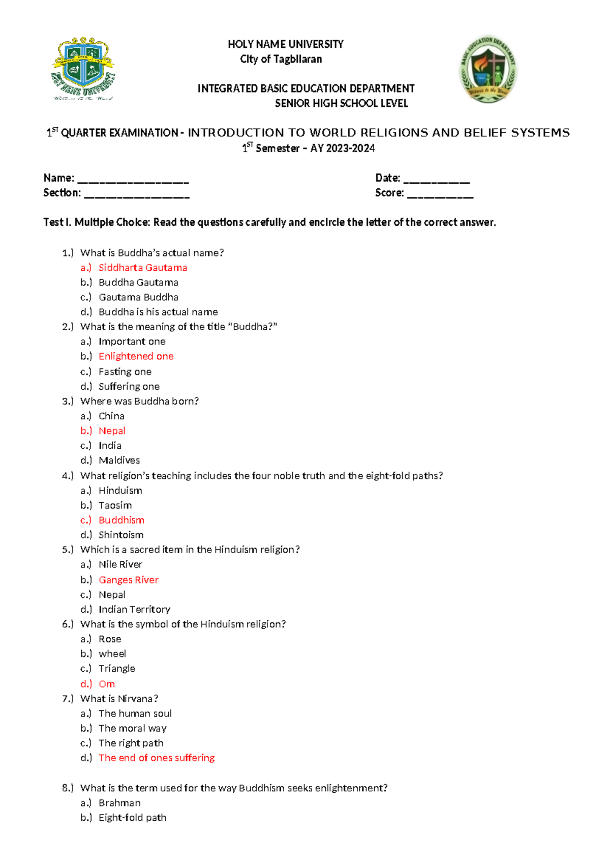 answer key world religion - HOLY NAME UNIVERSITY City of Tagbilaran ...