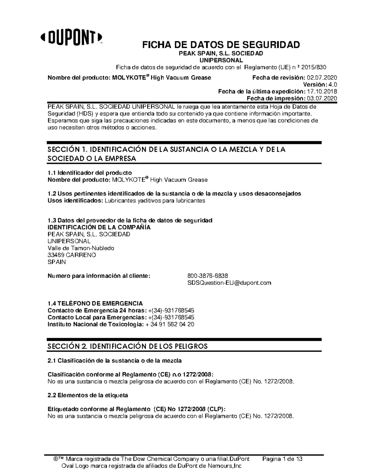 98fichaseguridad Molykote HIGH Vacuum Grease 02072020 ES ®™ Marca