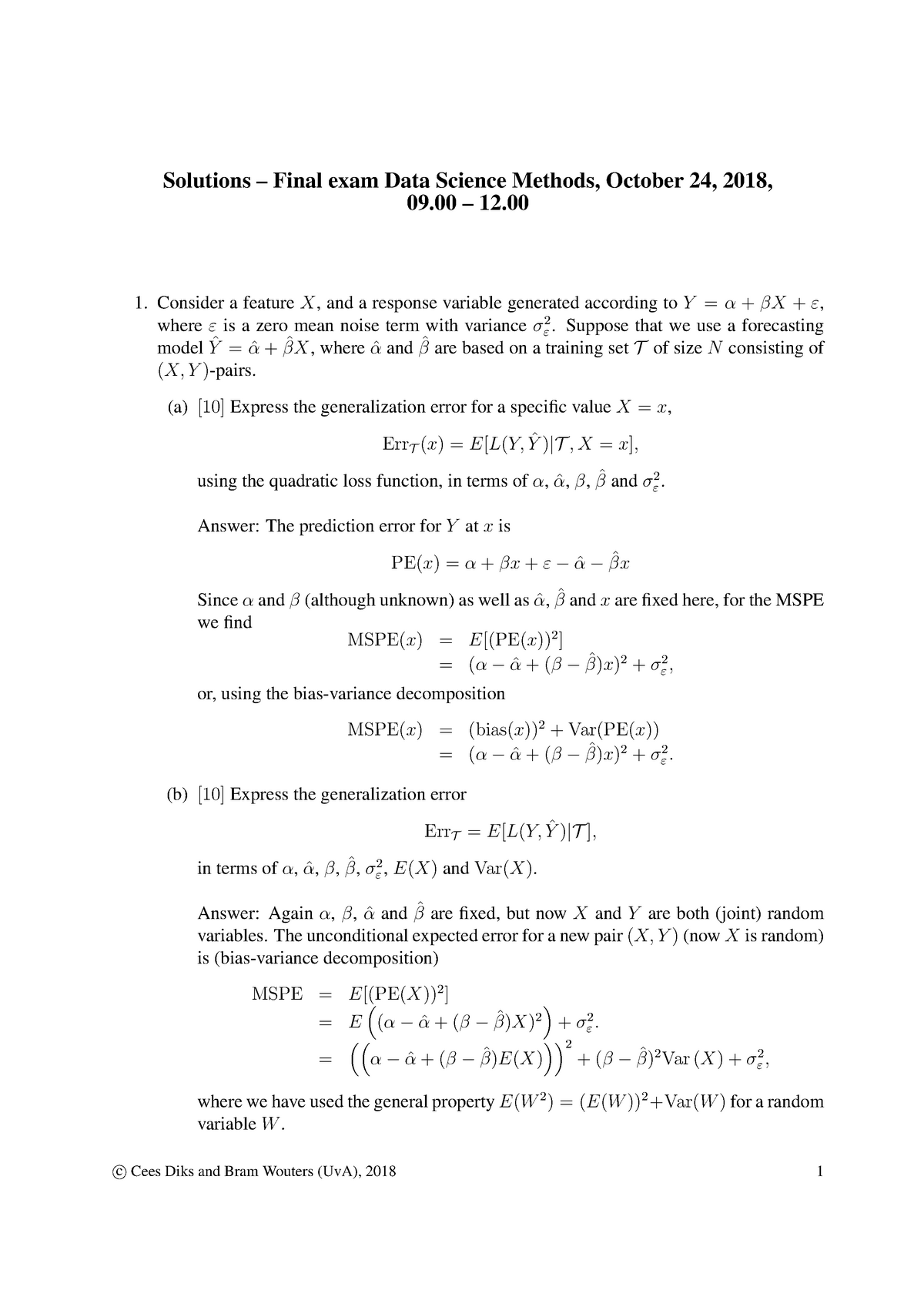 Exam Solutions 2018-2019 - Solutions – Final Exam Data Science Methods ...