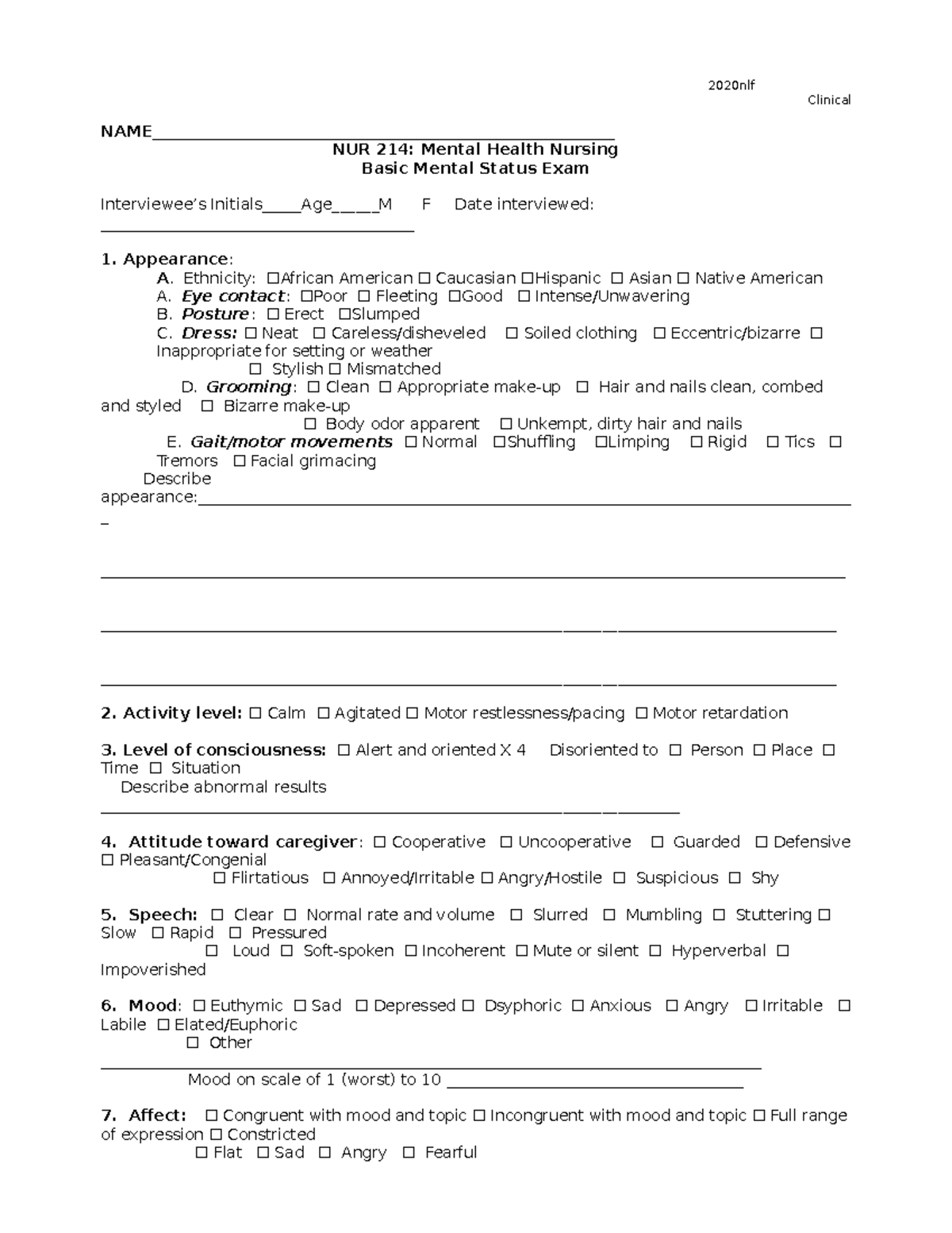 Basic Mental Status Exam FORM 2020 - 2020nlf Clinical - Studocu