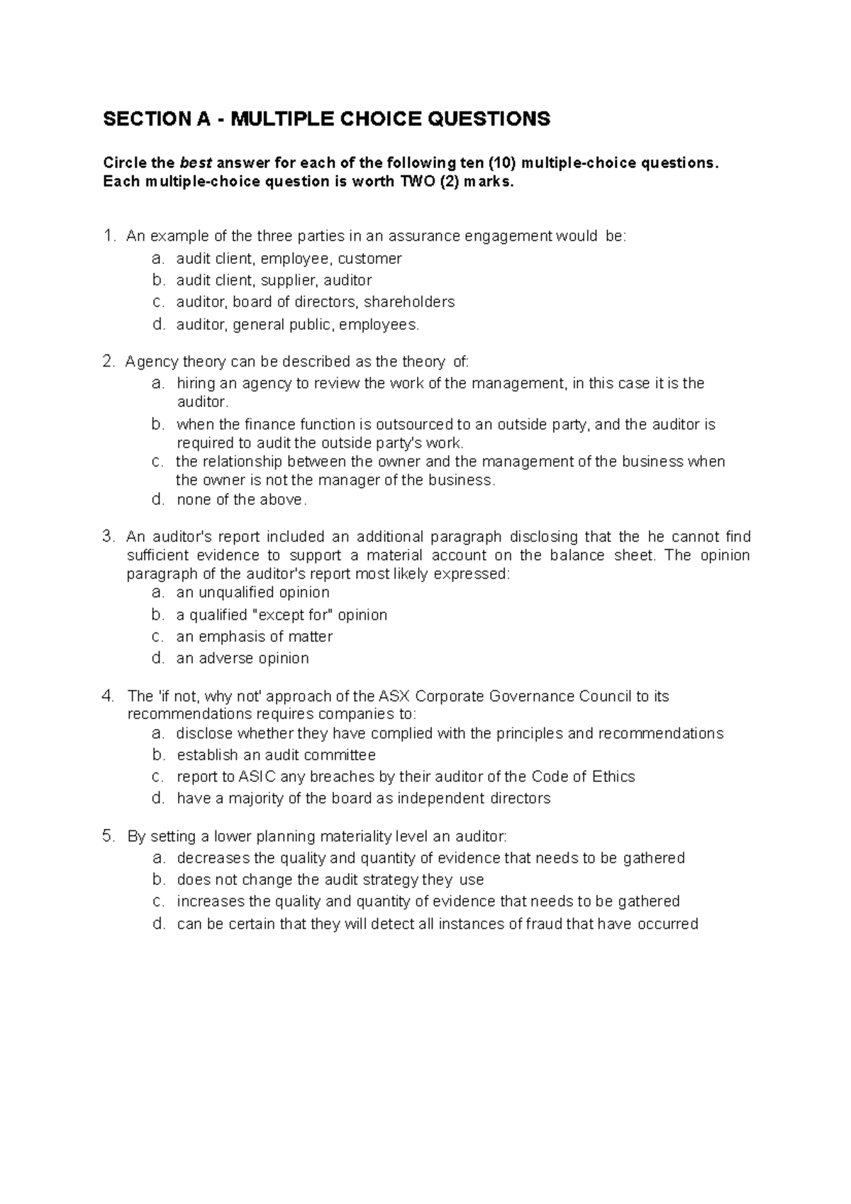 Exam 13 June 2017, questions - SECTION A - MULTIPLE CHOICE QUESTIONS ...
