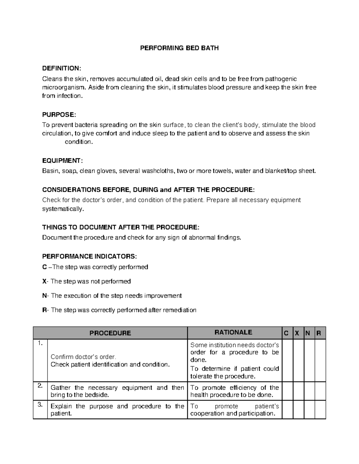 Performing BED BATH PERFORMING BED BATH DEFINITION Cleans the skin