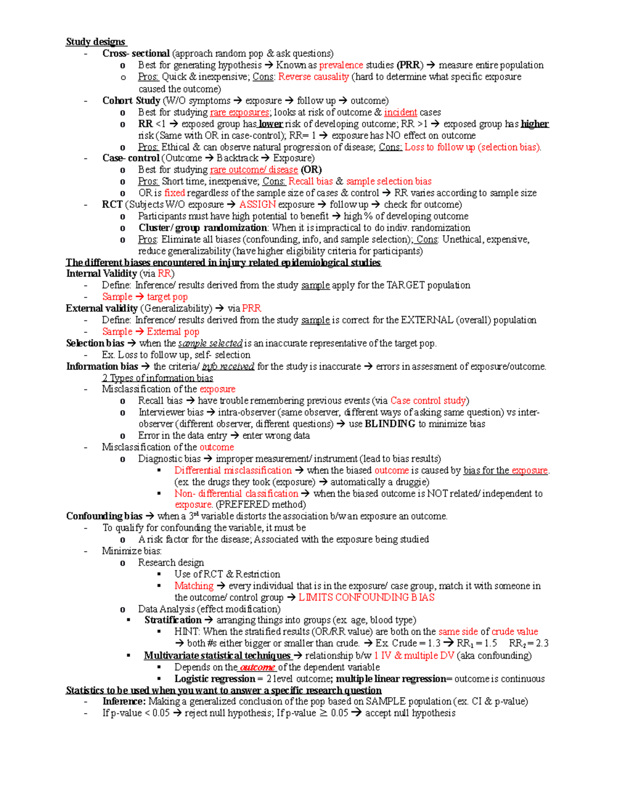KINE 4565 Midterm Notes - Study designs - Cross- sectional (approach ...