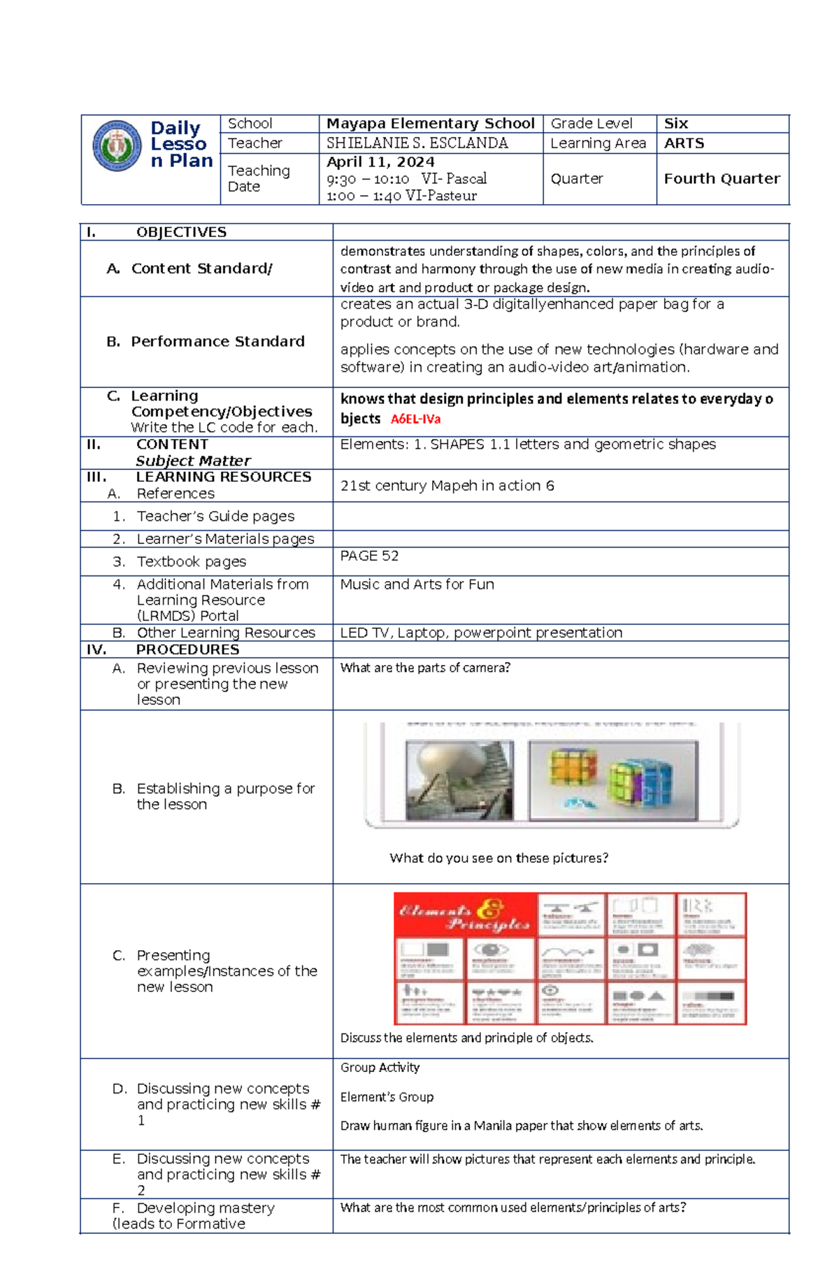 Arts Dll Q4 W2 - School Mayapa Elementary School Grade Level Six 