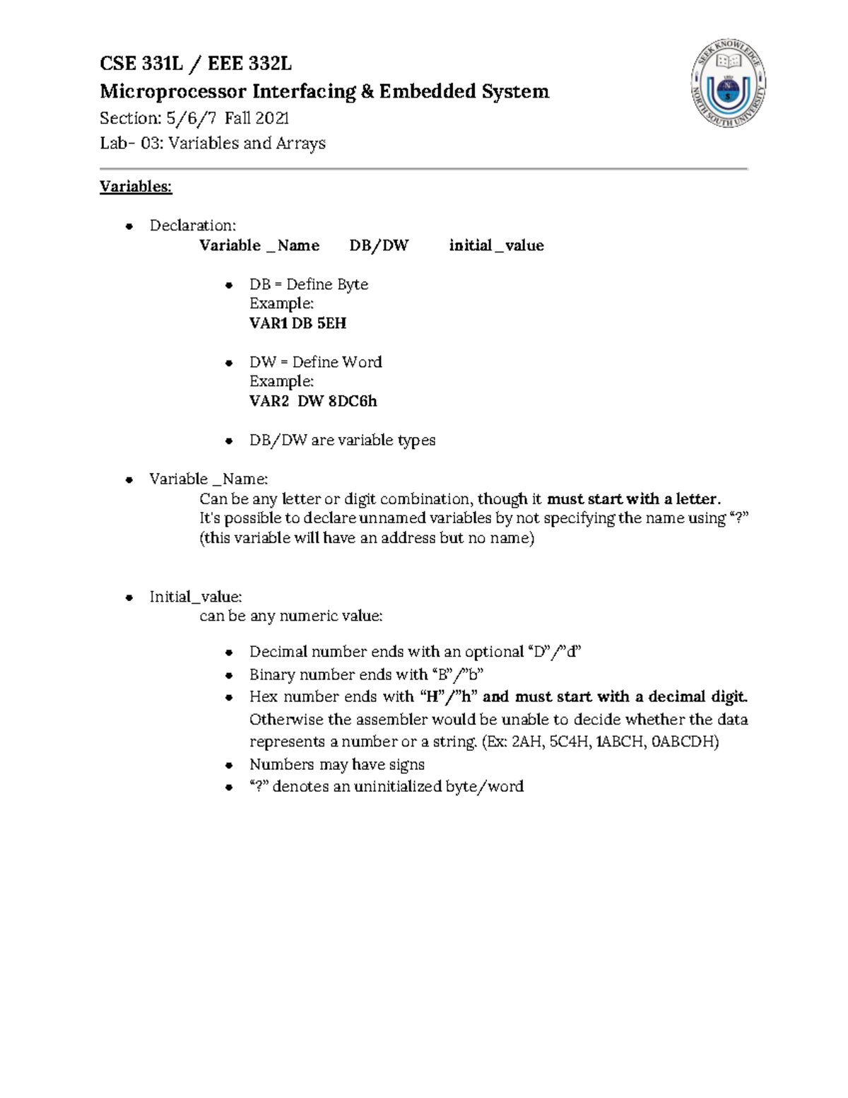 Lab3 Variables and Arrays - CSE 331L / EEE 332L Microprocessor ...