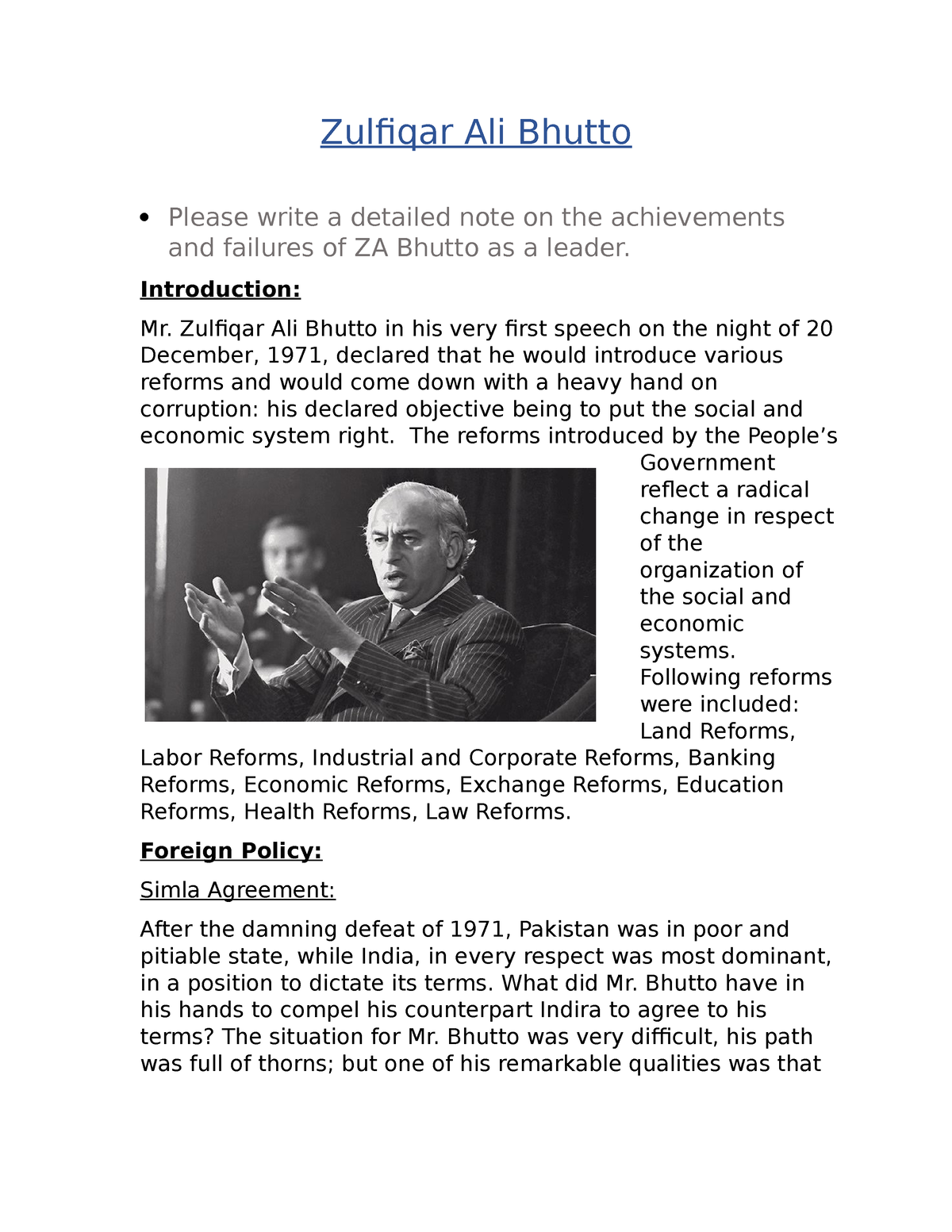 assignment on zulfiqar ali bhutto