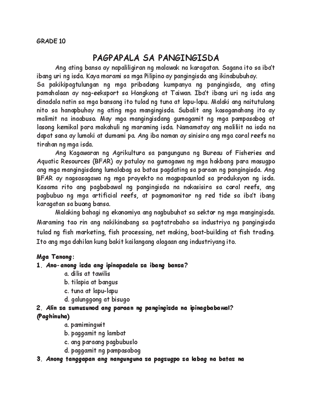 Grade 10 READING MATERIALS GRADE 10 PAGPAPALA SA PANGINGISDA Ang