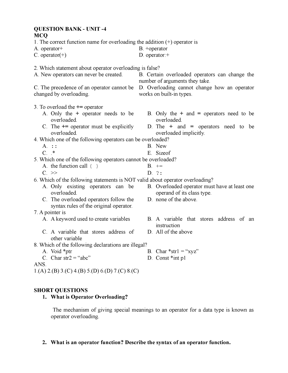 CPP UNIT 4 - For Exam Purpous - QUESTION BANK - UNIT - MCQ The Correct ...