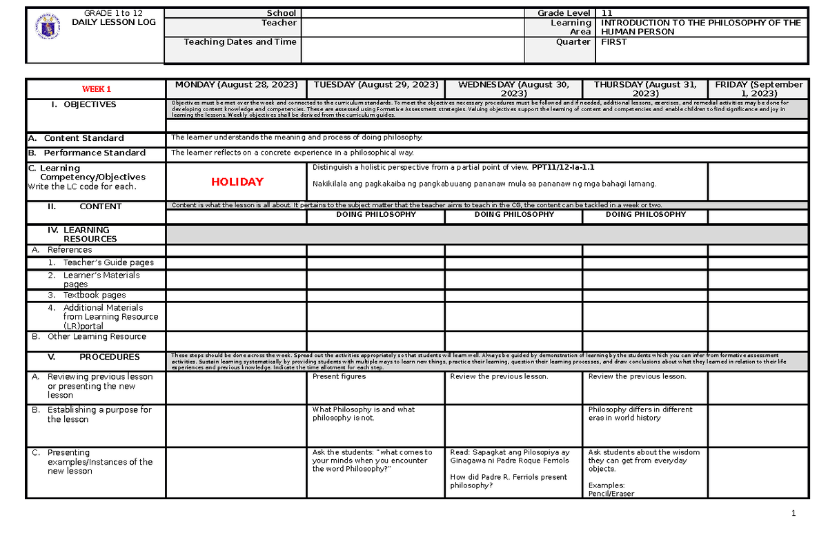 IPHP Q1 Week 1 - Daily lesson log - GRADE 1 to 12 DAILY LESSON LOG ...