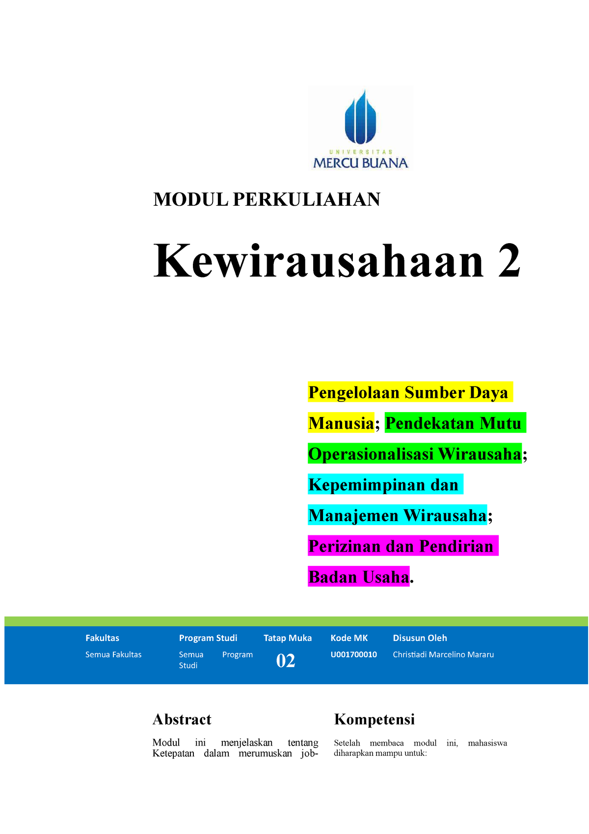 Kewirausahaan Lanjutan 2 Modul Perkuliahan Kewirausahaan 2 Pengelolaan Sumber Daya Manusia 4702