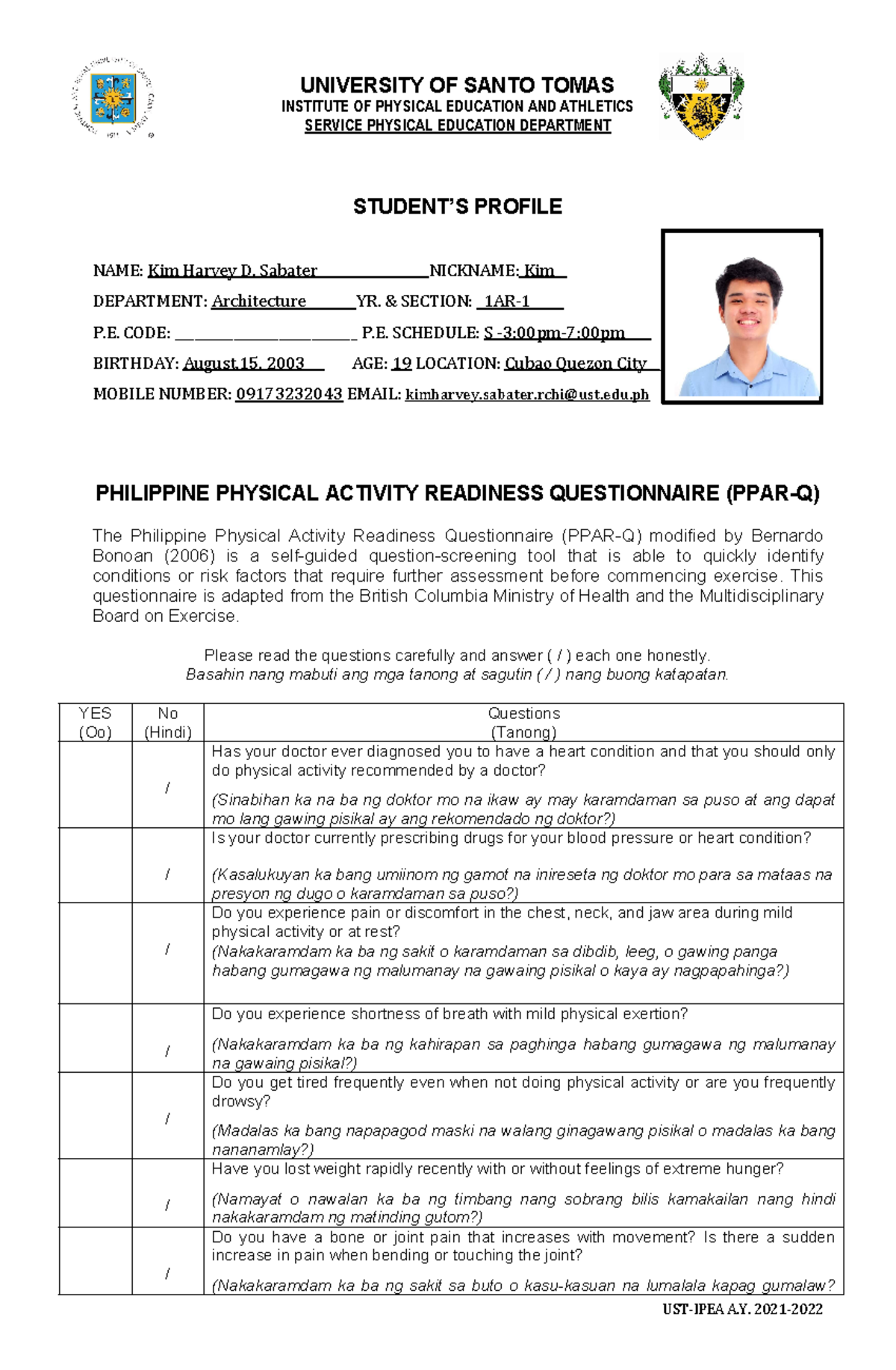 Kim Harvey D. Sabater - Student-FORM-3-IN-1-1 - UNIVERSITY OF SANTO ...