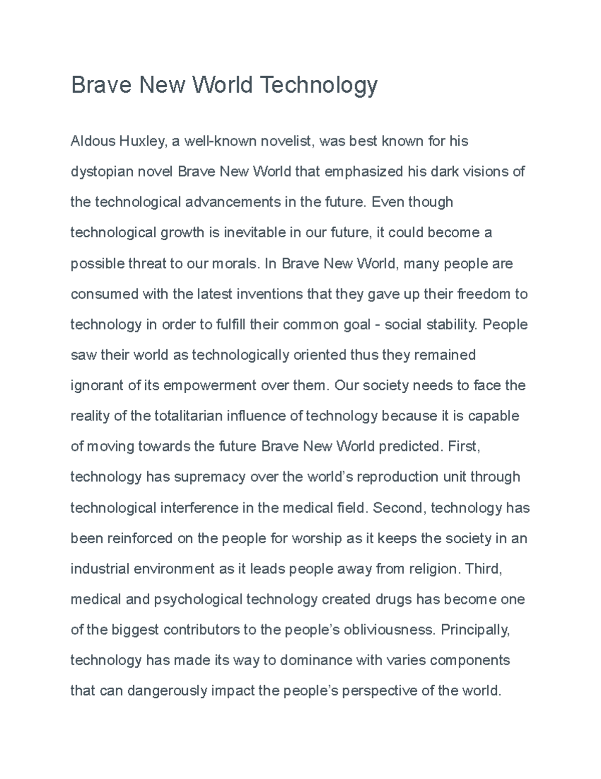 brave new world technology essay