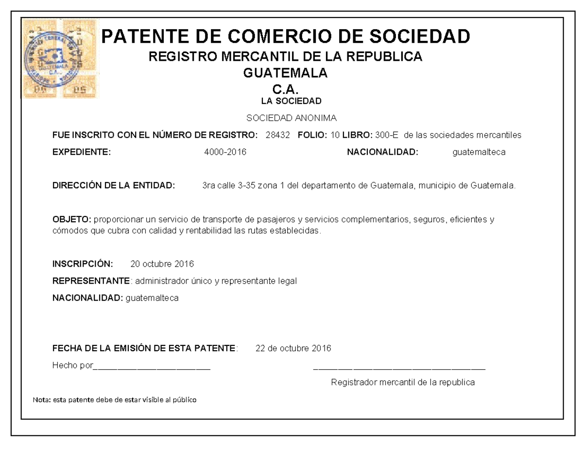 Patente De Comercio De Empresa Registro Mercantil www.studocu.com