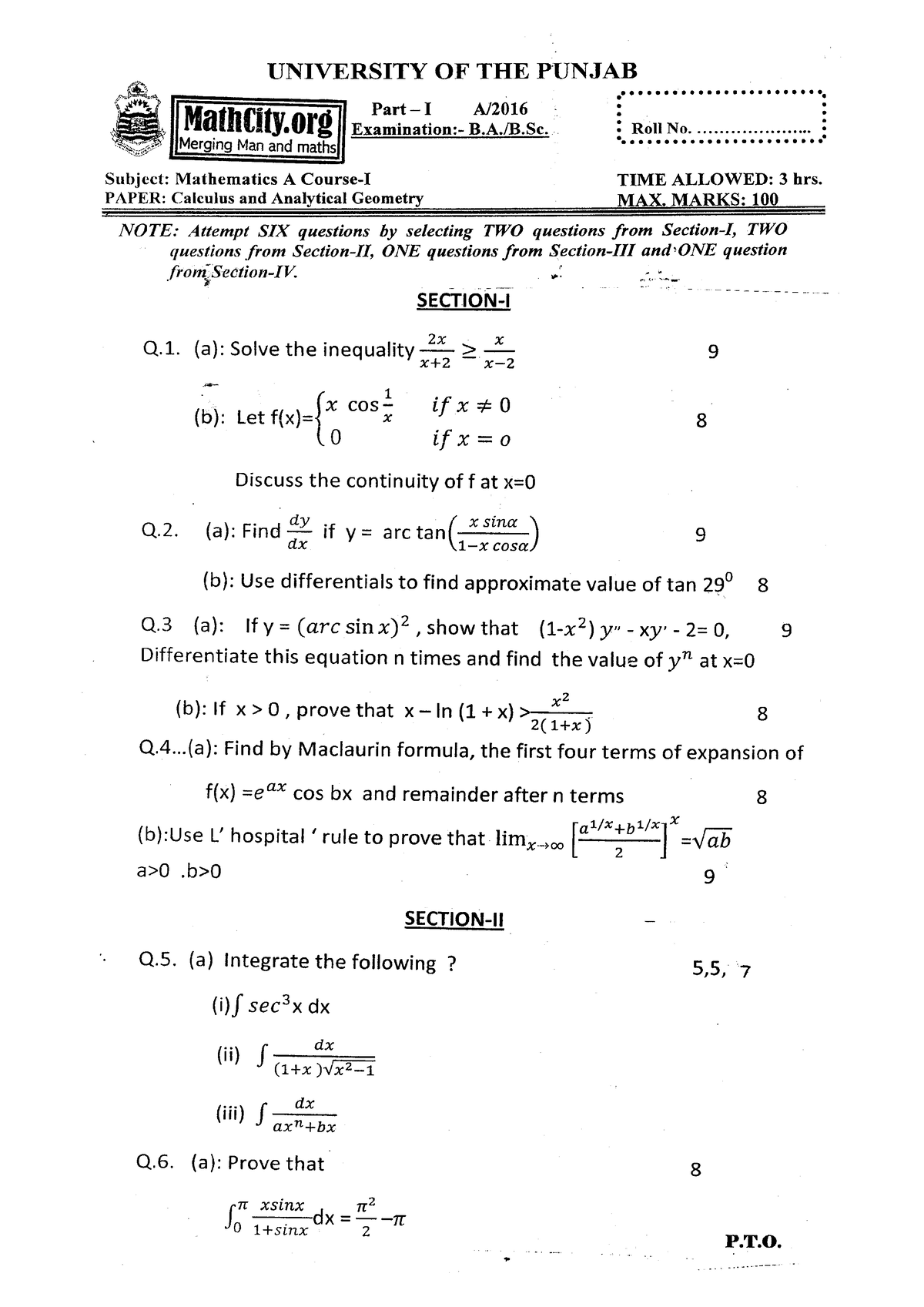 Pu bsc a maths a a2016 - Math A - Mathematics - Studocu