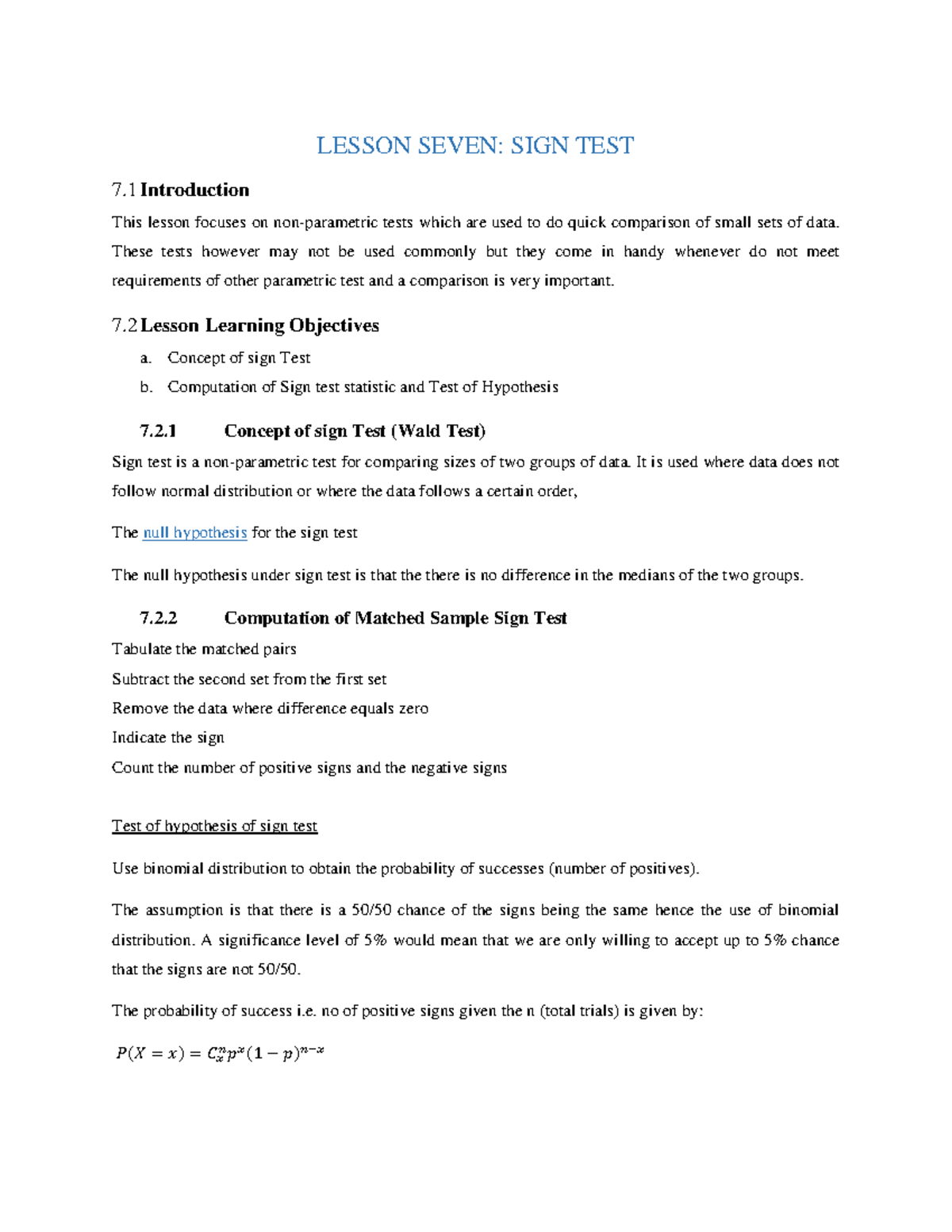 SIGN TEST Entry test LESSON SEVEN SIGN TEST 7 Introduction This