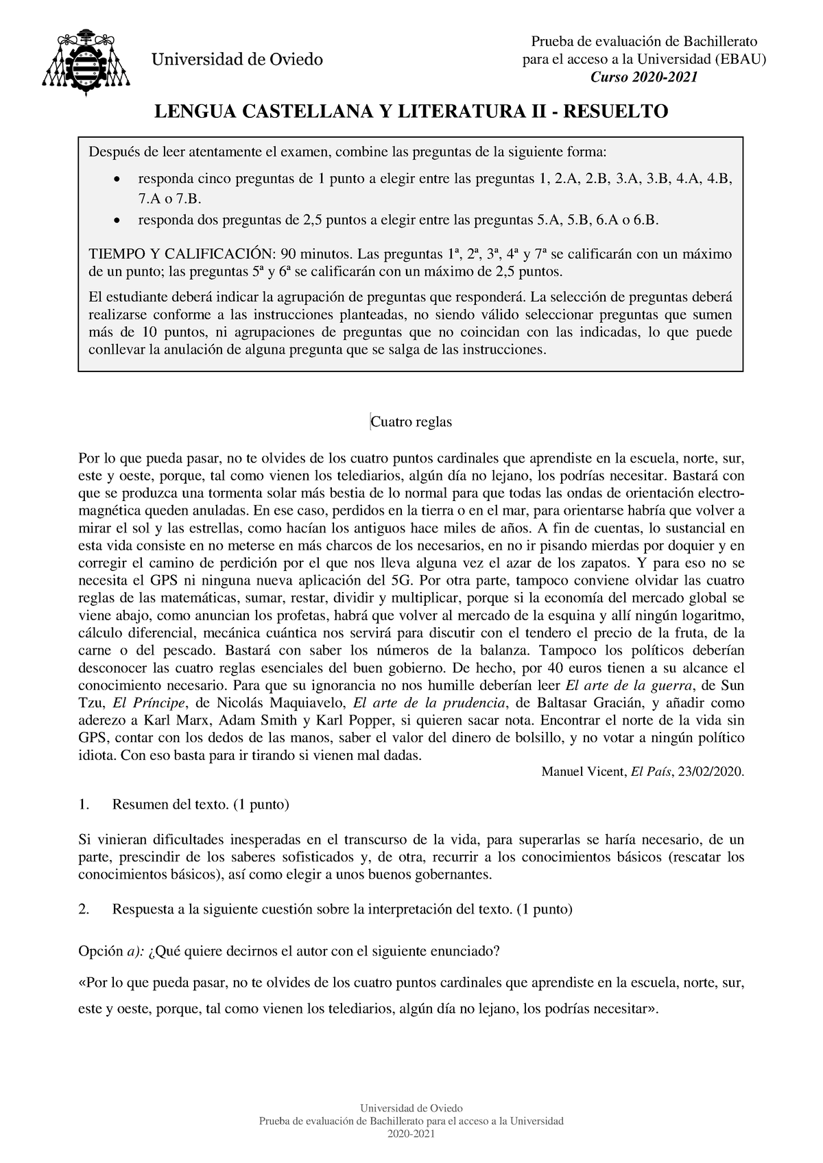 Examen Lengua Castellana Y Literatura De Asturias (Ordinaria De 2021 ...