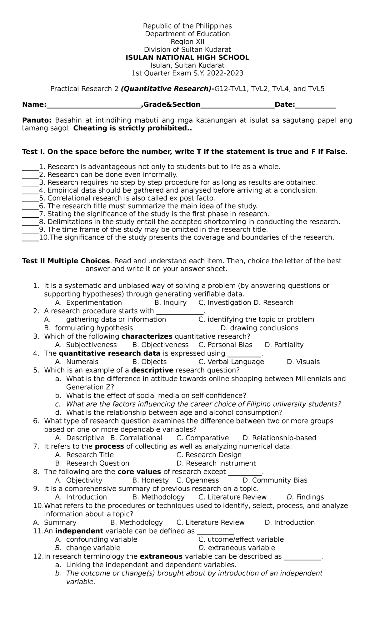 1st Quarter Exam 2023 - Practical Research 2 (Quantitative) - Republic ...