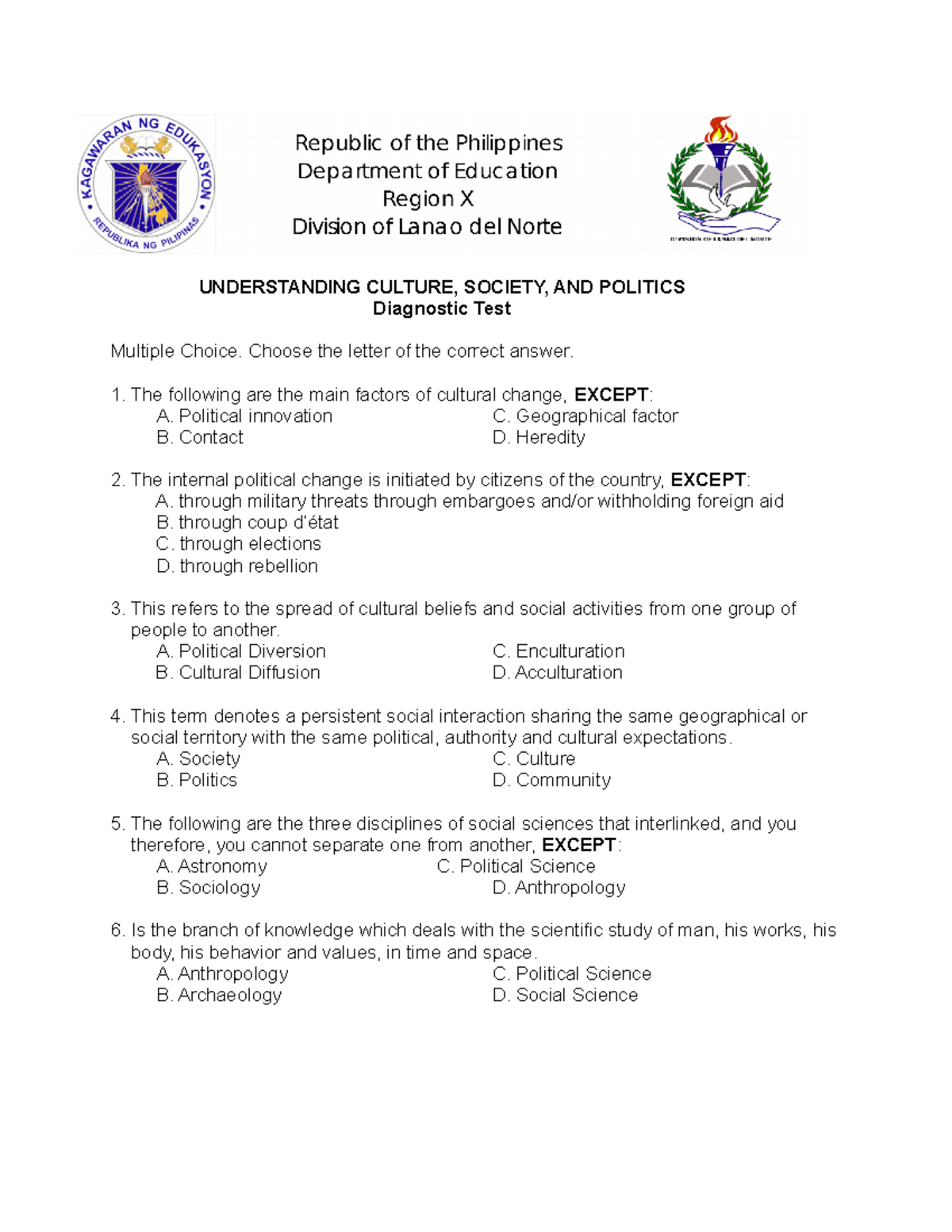 SHSUCSP DiagnosticTEST rolly UNDERSTANDING CULTURE, SOCIETY, AND