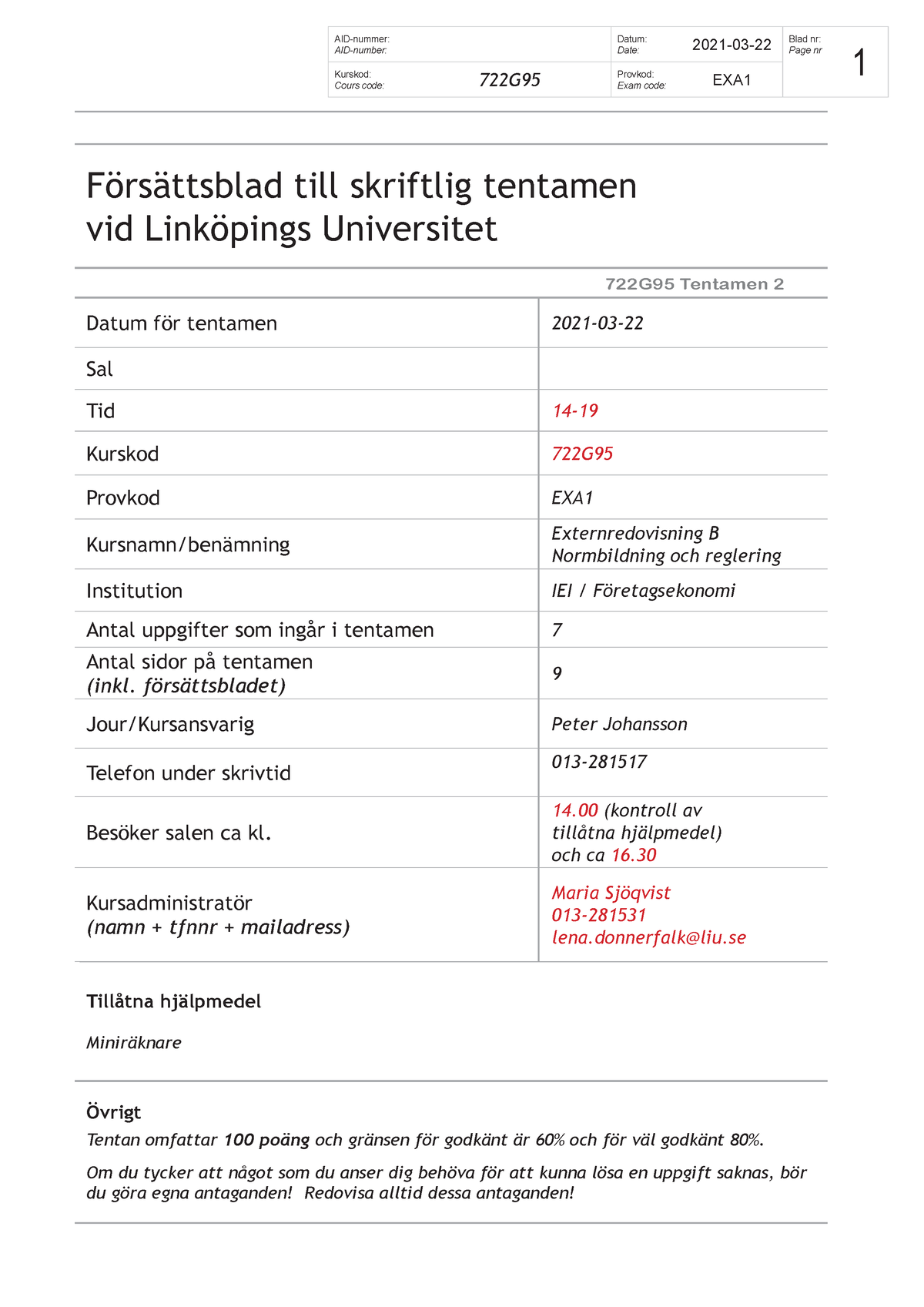 Externredovisning-B-tenta - Försättsblad Till Skriftlig Tentamen Vid ...