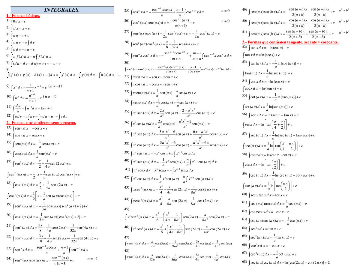 10 Integrales - Formulario. - INTEGRALES. 1.- Formas Básicas. 1) Xd C 0 ...