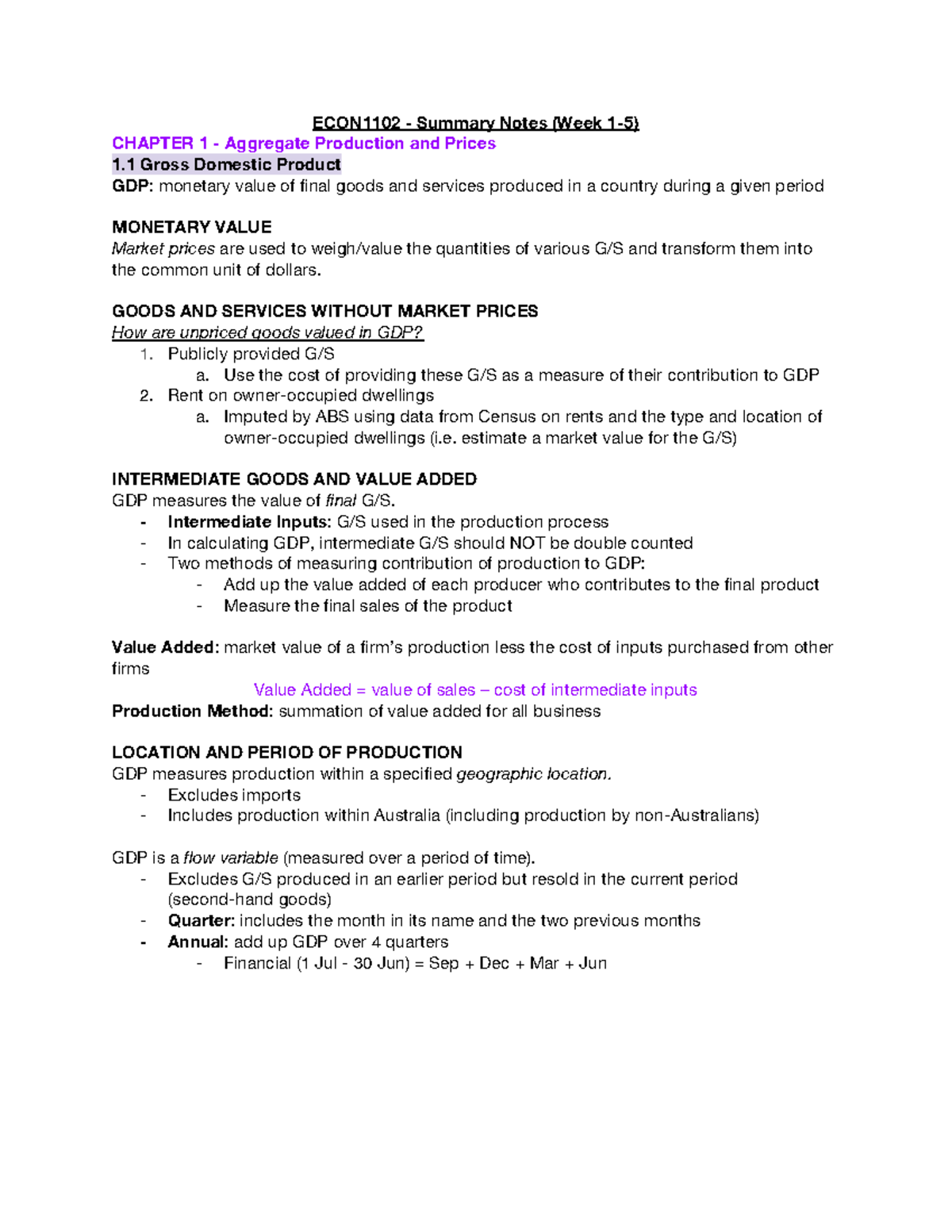ECON1102 - Summary Notes (Week 1-5) - ECON1102 - S”mmary No“es (Week 1 ...