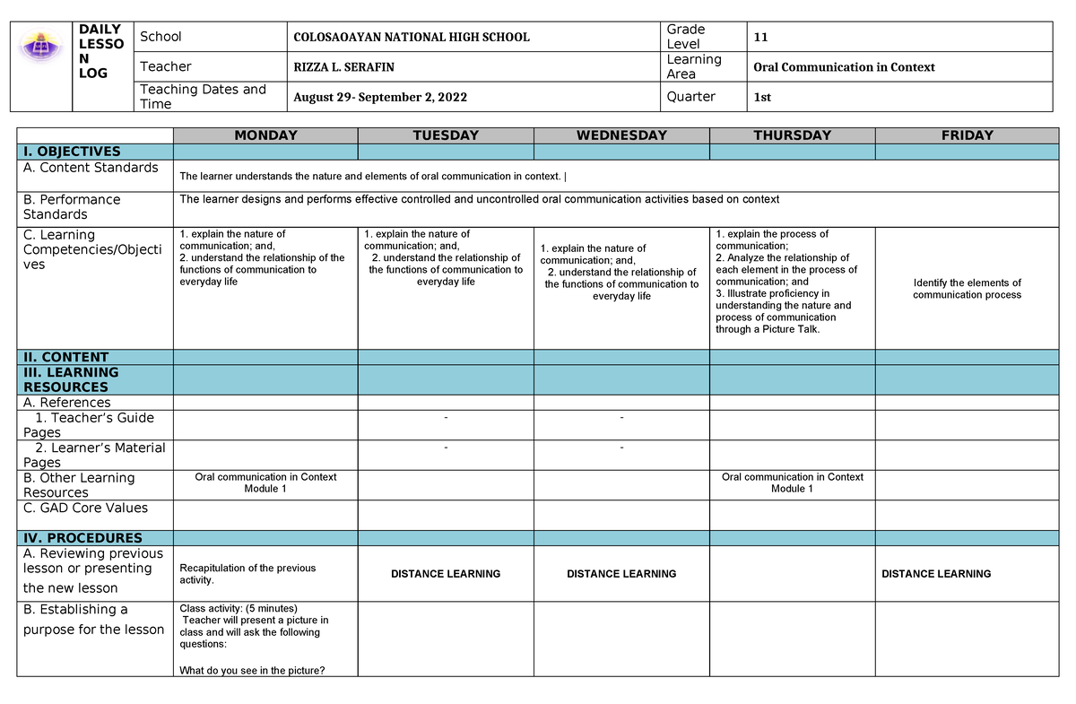 DLL Grade 11 - Oral comm 2nd Regular Class Week - MONDAY TUESDAY ...